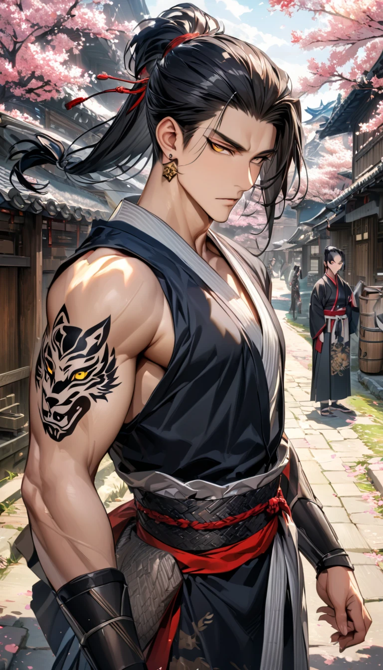 He is an adult indigenous man with Mexican features, and sun-kissed brown skin. His short black hair contrasts with his intense, expressive dark eyes. High, well-defined cheekbones complement his sharply contoured face. His pointed ears add a unique and distinctive detail to his appearance. He exudes a strong, serene presence, deeply connected to his cultural roots, Full body, master piece, perfect face.