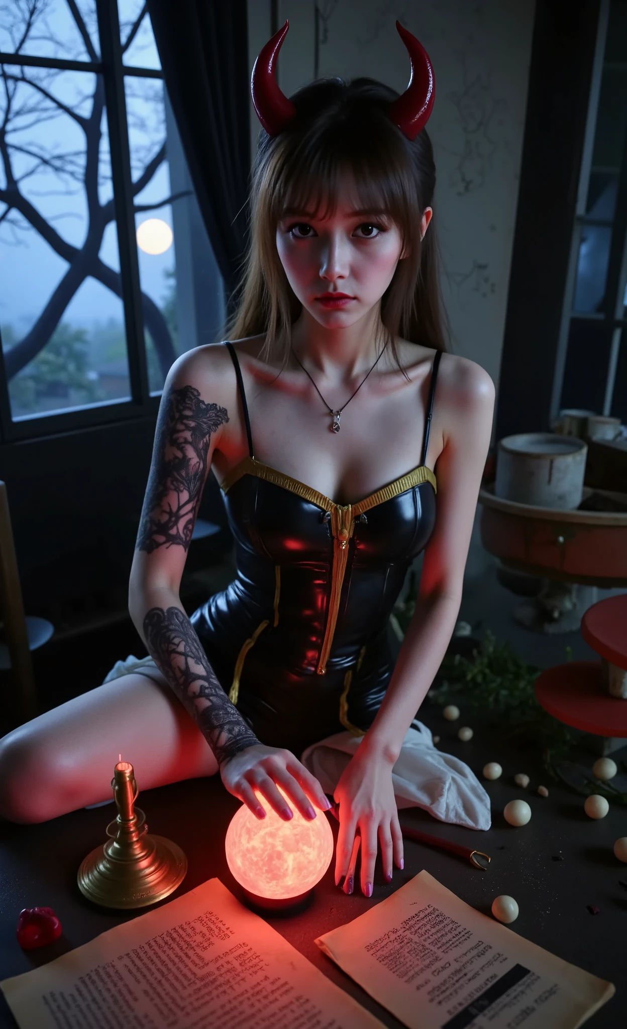 A female figure is seated in a mysterious, dimly lit room, adorned with gothic canopies, imparting an eerie ambiance. Her attire features a provocative, form-fitting black latex that reflects the ambient light, accentuating her silhouette. The ensemble is embellished with intricate lace patterns on the arms, enhancing the dark allure. Her hands rest on a glowing red circle inscribed with esoteric symbols, adding to the occult theme. She wears striking red horns and a matching tail, accompanying her dark hair cascading down her shoulders. Jewelry, comprising a necklace with a circular pendant, adds a touch of elegance. On the table beside her, a glowing red crystal ball sits ominously near a golden candlestick and a parchment of cryptic text. Through the window, twisted tree branches are visible, silhouetted against a moonlit blue haze, completing the otherworldly setting.