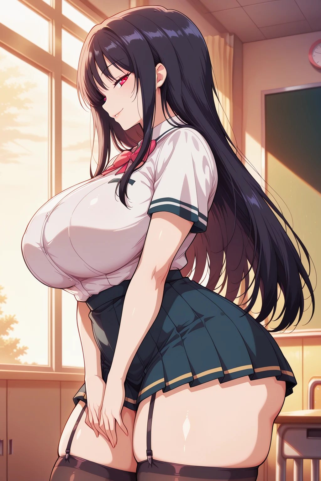 realistic, masterpiece, highest quality, perfect anatomy,Anime Screen Capture, ((huge breasts)),wide ass、thick thighs、((NSFW、shrine maiden、red mini skirt、white kimono、))、long hair ponytail、Slit orange eyes、navy blue hair , ((blush))、((((embarrassing)))), (city)、kneel down