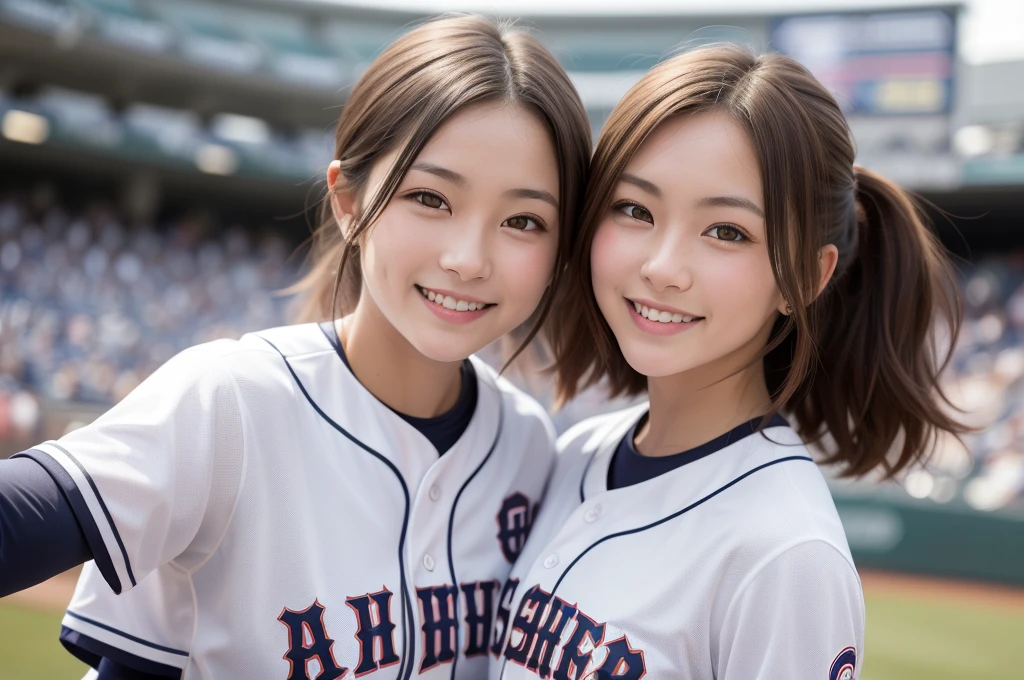 Realistic、Masseter region、Highest quality、High resolution、RAW Photos、Realistic、Bright lighting、Face Light、Smooth Professional Lighting、Japanese women、Beautiful woman、Modeled、gravure、sexy、so beautiful、Realisticで美しい肌、Beautiful and detailed、Detailed face、slim、Large Breasts、Cleavage、short hair、Brunette Hair、Brown eyes、Looking into the camera、Cheerleader、Cheerleader、Cheerleader、smile