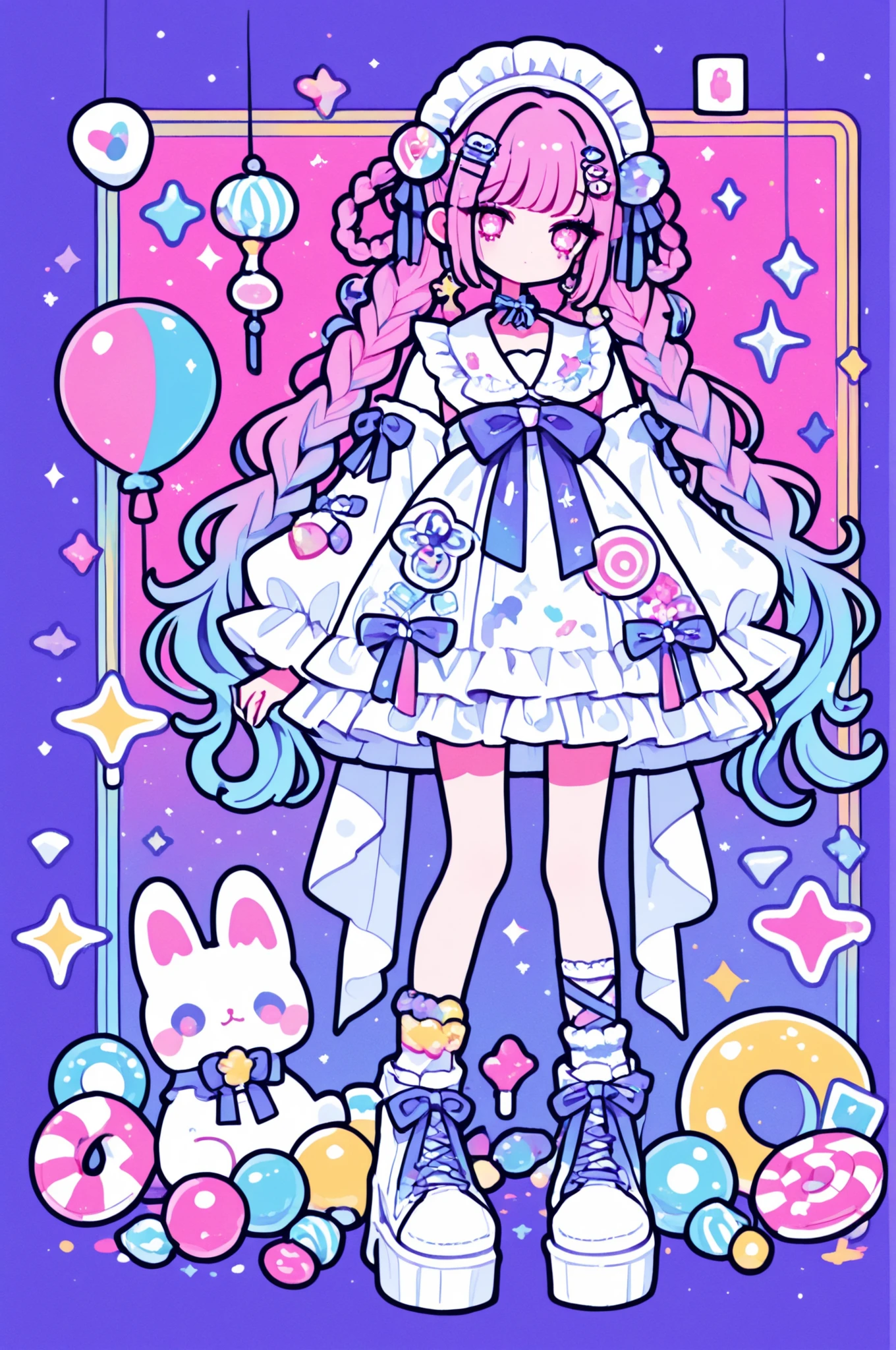 Woman, solo, colorfulな爪, rimless,pink eyes, Long Hair,hair ornaments, hairpin、ribbon, colorful, pop background、multi-colored hair, Full Body、Sparkling Makeup on Her Face、Harajuku、light blue lolita、Highest Quality、upper body、candy、braids