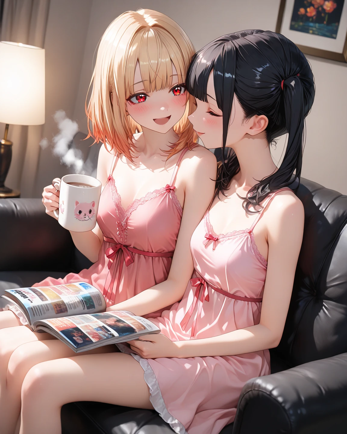 (2heads:1.1), (1boy:1.2), (male female couple), red eyes, short pink hair, short blonde hair, cute, (masculine:1.5), (masterpiece), (high quality), (best resolution), :D, cute face, black nails, looking at viewer, anime convention, beautiful background, sitting down, (legs crossed:1.1), (pink hoodie:1.5), jeans, bulge, (wide hips:1.3), (thick thighs:1.3), (masculine chest:1.2), (flatchested)