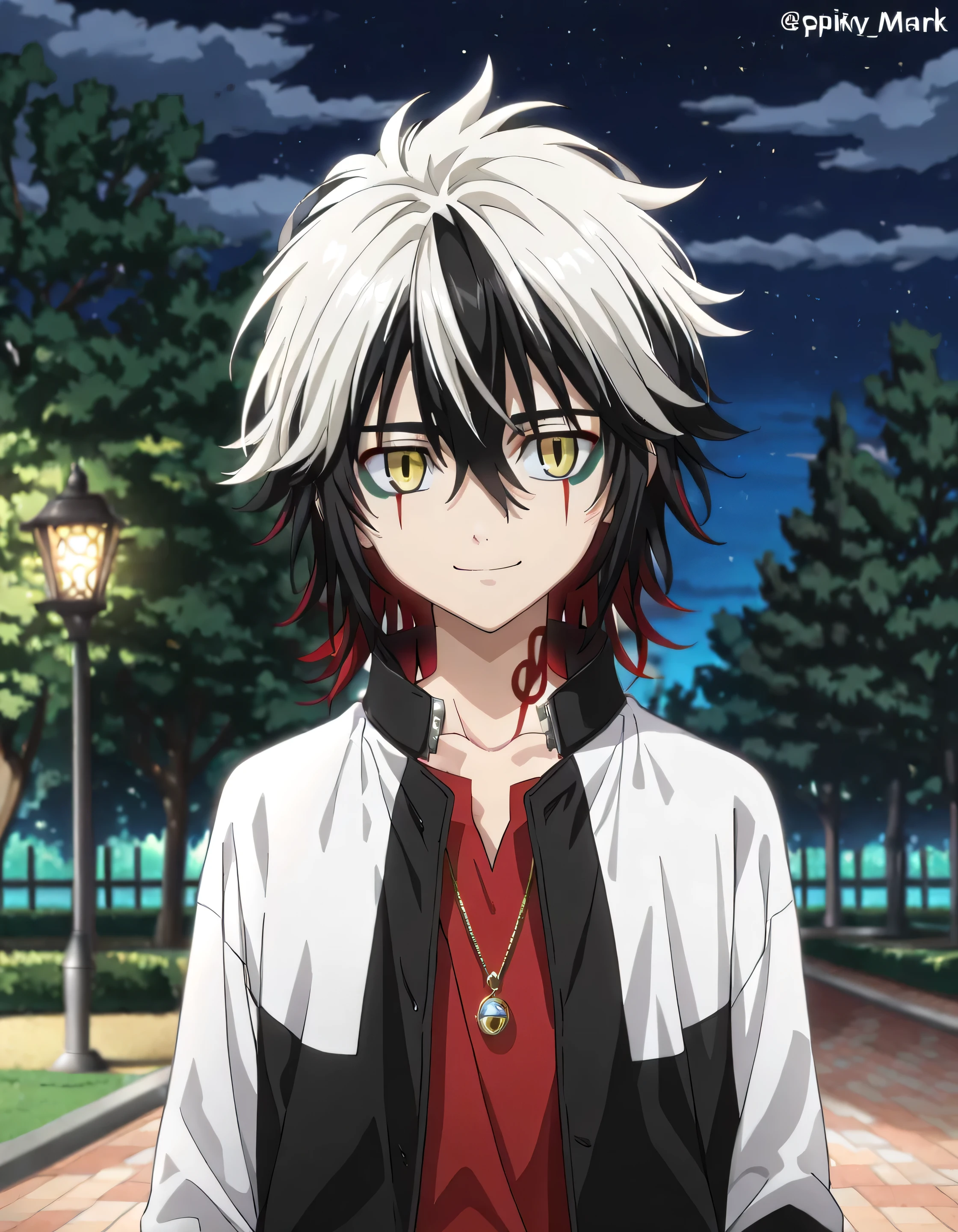 masterpiece, best quality, 1 man, solo, child, (he is Ulquiorra Cifer and Kazutora Hanemiya), ((half white and half black hair, yellow eyes, short hair, spiky hair, multicolored hair, two-tone hair, )), red shirt, black short-sleeved jacket, detailed background, night, (red mark, thick mark) below the eyes, smile with closed mouth, necklace on the neck with a pendant ring, gold, day, park