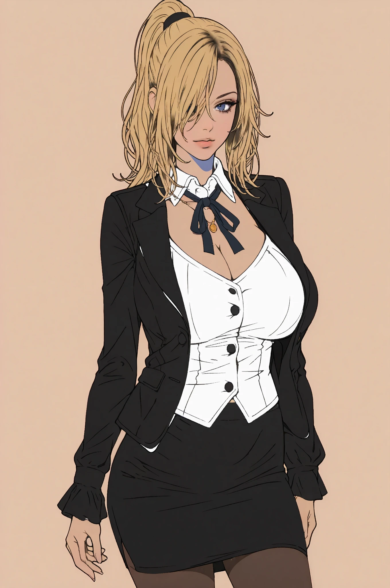 (masterpiece, best quality:1.2), 1girl, sylvia, no more heroes, hand on hip, cleavage, twintails, blonde hair, black bra, pencil skirt, white shirt, frilled sleeves, black jacket, simple background, <lora:SYLVIA-15:0.8>