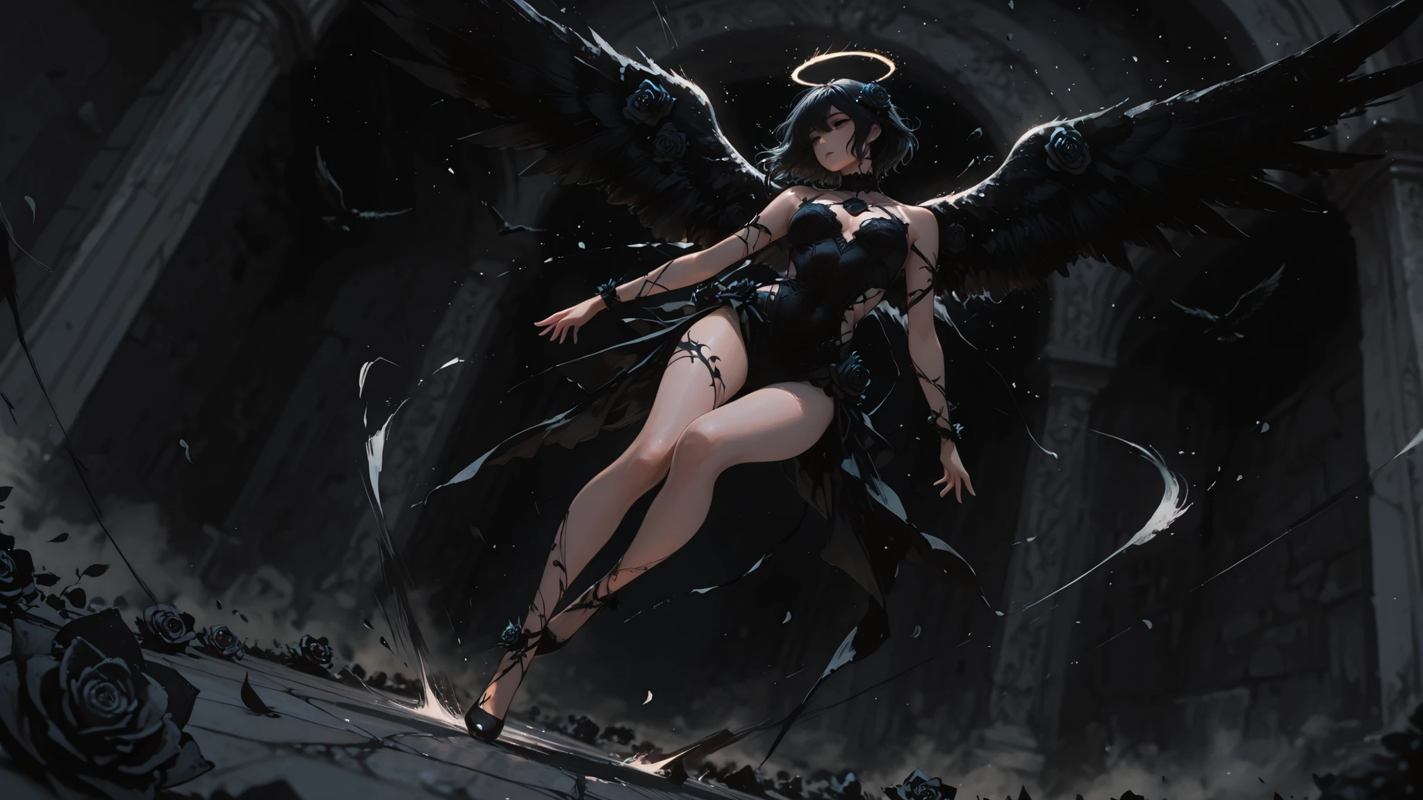 animated wall, cartoon, aesthetics, 8K Wallpaper, detailed,748cm style,beautiful body, Full Body, Black Rose Angel, Fallen Angel, floating in the air, dynamic poses, dynamic angle, Depth of field, masterpiece after sex, best quality, Amazing Quality, very aesthetics, 超high resolution, latest, highly detailed, high resolution.