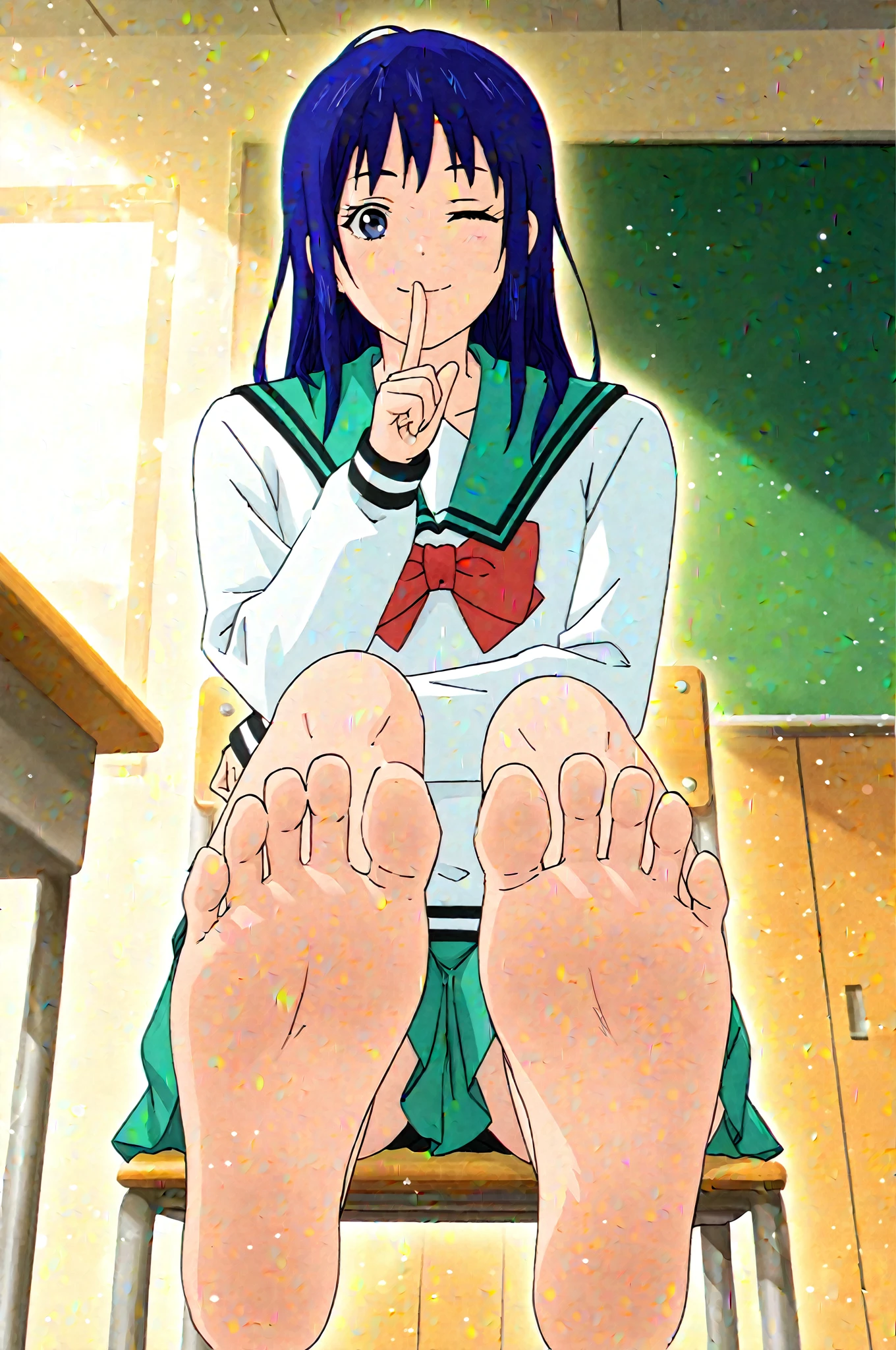 masterpiece, Highest quality, 1 Girl, Lum、 Mature、Sailor suit、Navy Skirt、Sit down、Watching the audience、Show the soles of your feet、 From below, I can see her panties, anime, blush, sexy、 High definition、 Laughing with your mouth open, Yellow neckerchief, Focus on the soles of your feet