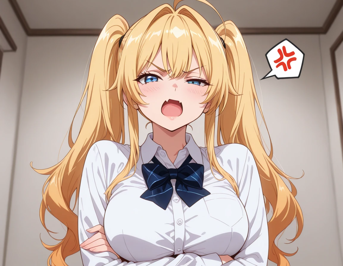 masterpiece, ((sharp expressive eyes)), (((high quality))) 1 girl, senran kagura style, yumi, blonde hair, blue hairband, unbuttoned shirt,