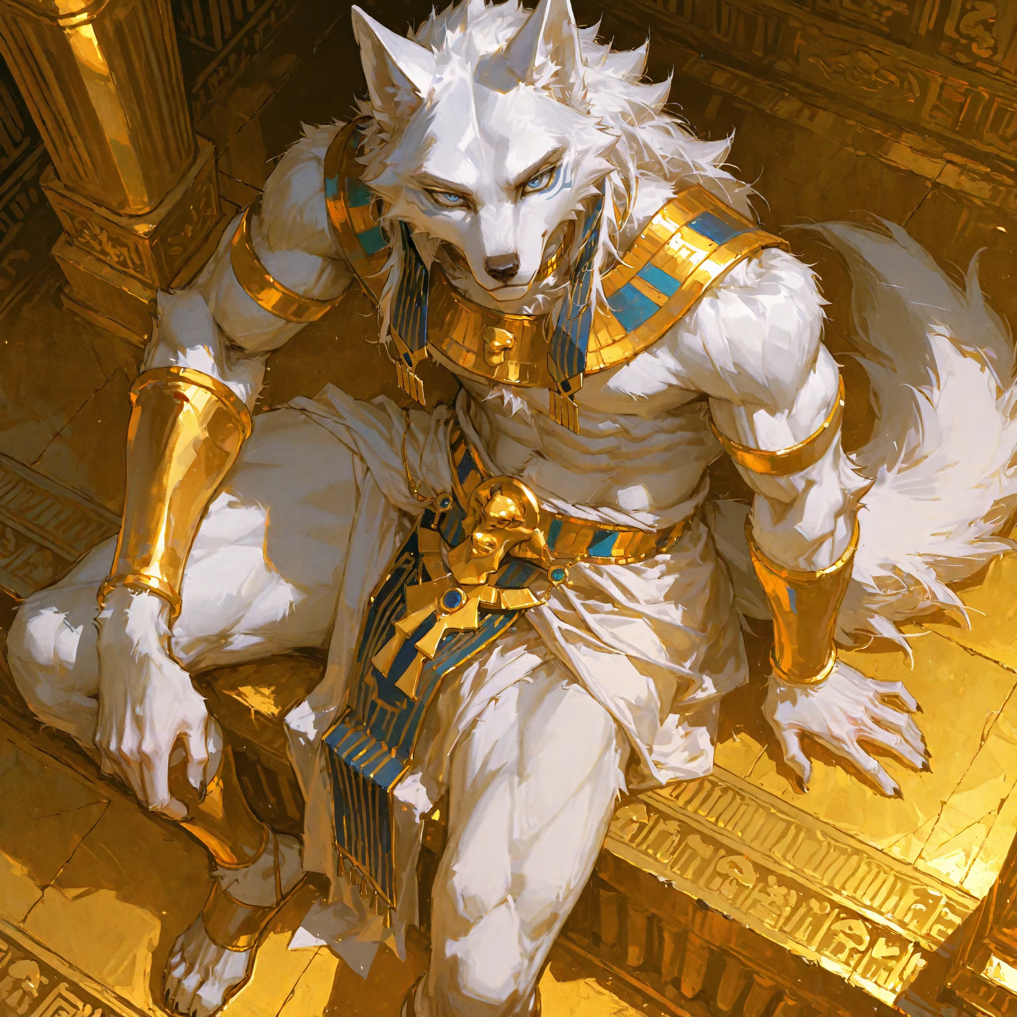 embedding:black wolf, male,purple eyes,Scar on the face, scar on the body,Single person,Toga,Costumes of ancient Greece,White clothes,Gold decoration,White halo overhead,Sacred tattoos,Laurel,A sacred gesture,Stubble,sacred，Expressions and movements full of divinity,A serious expression,The highest quality of scene detail,adult,Tall and powerful,muscle，Best quality hands, best quality eye，detailed fur，Delicate eyes.Extreme picture quality，by sollyz,by zixiong,by milkytiger1145