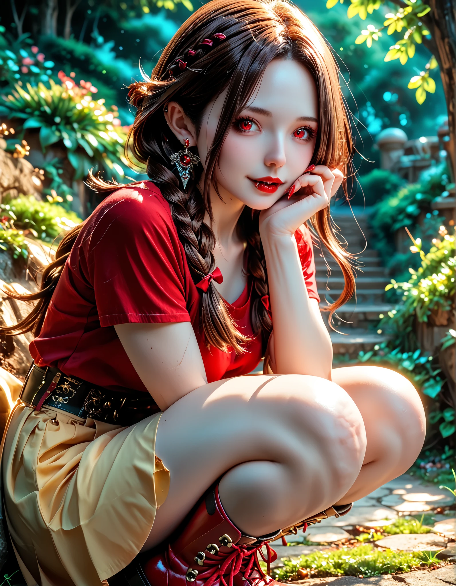 Very High resolution,cute anime-style,masterpiece,best quality,amazing quality,hyper-detailed,very aesthetic,Dusk,A park square,A female vampire crouching,Knees together,(Mature:1.2),(white skin:1.3),Brown hair,Braids,Hair falling over one shoulder,Long hair,Long bangs,Crimson eyes,Wide-open eyes,Intense eyes,(Vampire fangs protruding from between her lips:1.2),(grinning:1.2),Dark red lipstick,A mole under the eye,A stick-shaped earring,A red casual long-sleeved T-shirt,Yellow long skirt,Leather boots,Curvy,(Long and pointed nails:1.2),Red nail polish