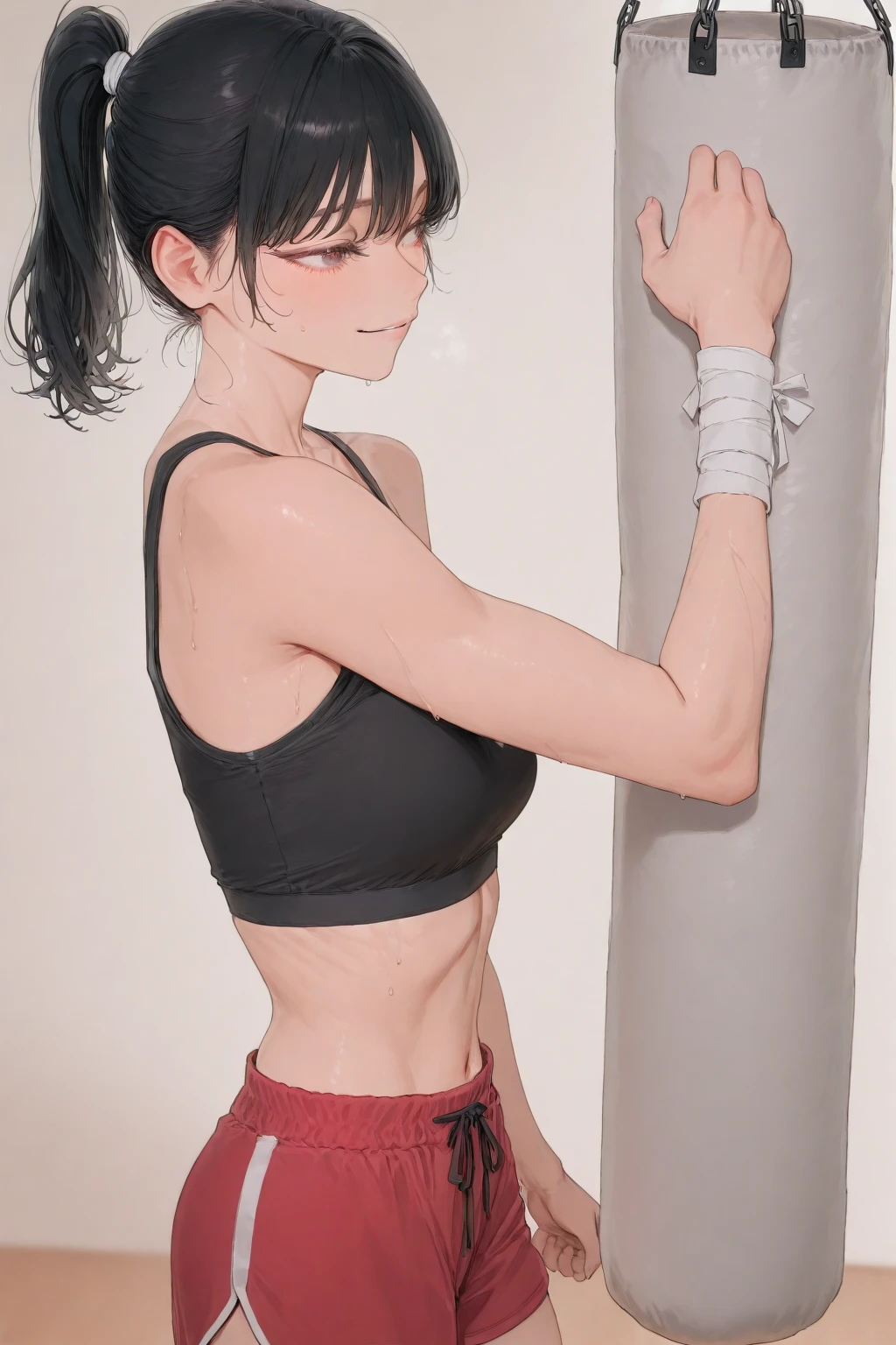 ((Highest quality)), ((masterpiece)), (detailed) {{{Slender female martial arts instructor}}} Shorts {{Décolletage}} White short sleeve T-shirt Mature Woman ((Combat Stance)) Long fingerless gloves Black tights {{Inside the dojo}} Black Hair ponytail ((Leggings with integrated shorts)) clavicle Choker Armpit