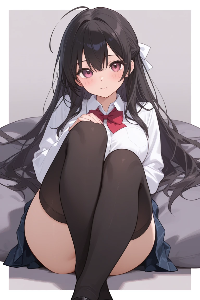 1 teenager (a person) black hair, Long hair, black eyes, slanted eyes. white top, mini skirt, black thigh high stockings. Sitting on a big bed, smiling expression, blushing cheeks