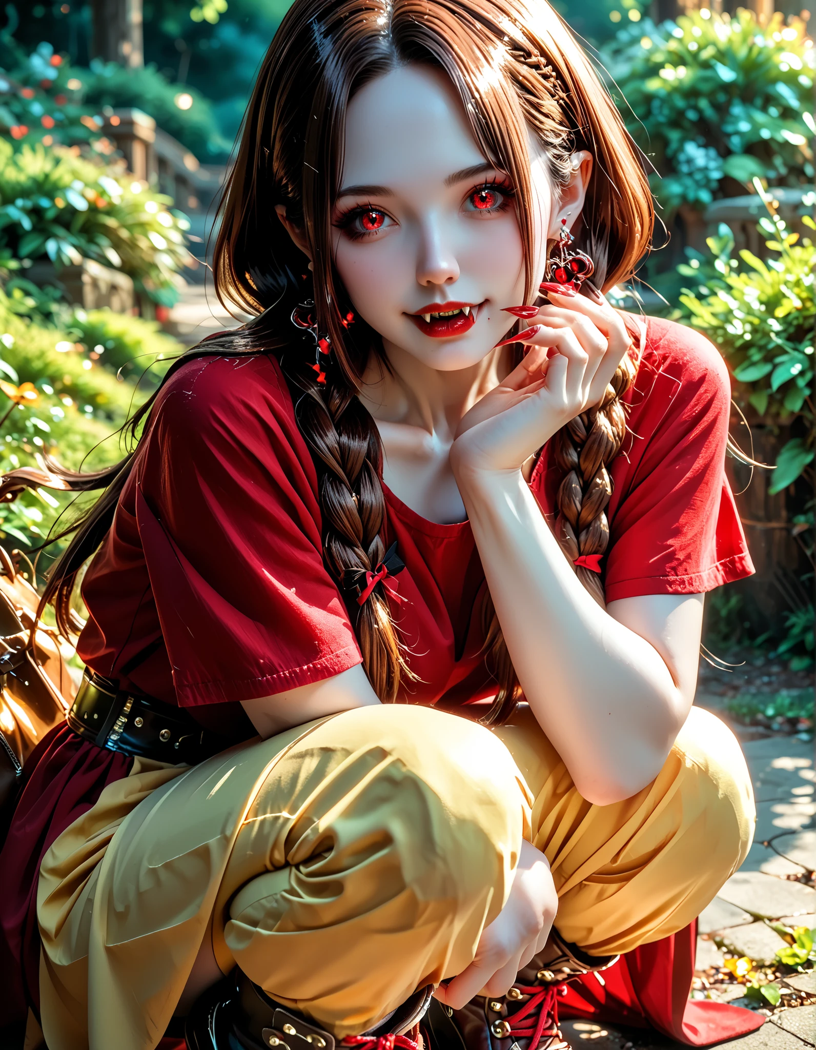 Very High resolution,cute anime-style,masterpiece,best quality,amazing quality,hyper-detailed,very aesthetic,Dusk,A park square,A female vampire crouching,Knees together,(Mature:1.2),(white skin:1.3),Brown hair,Braids,Hair falling over one shoulder,Long hair,Long bangs,Crimson eyes,Wide-open eyes,Intense eyes,(Vampire fangs protruding from between her lips:1.4),(grinning:1.2),Dark red lipstick,A mole under the eye,A stick-shaped earring,A red casual long-sleeved T-shirt,Yellow long skirt,Leather boots,Curvy,(Long and pointed nails:1.2),Red nail polish