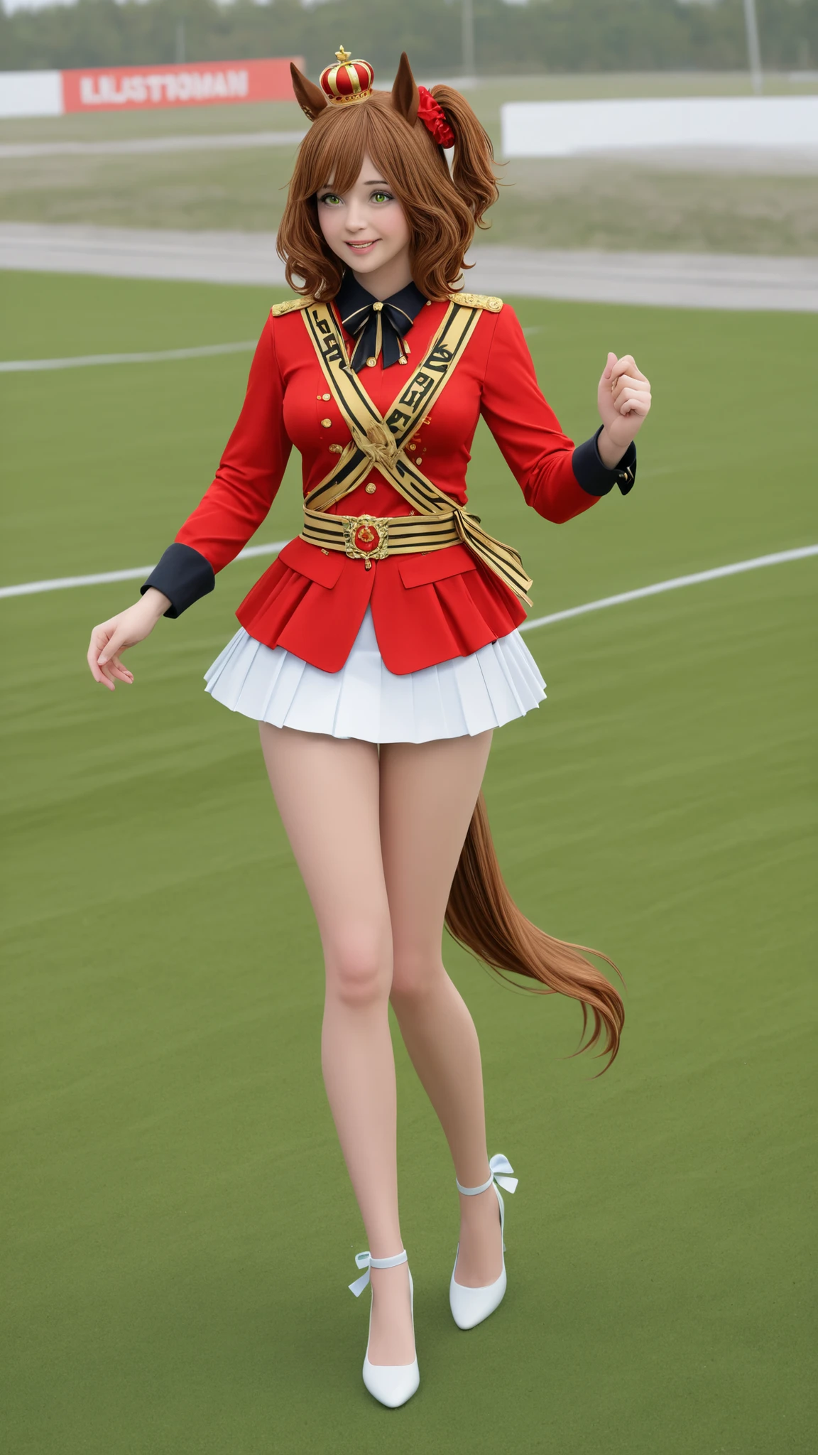 dramatic scenes , detailed skin pores , skin texture style , realistic skin , Ultra-realistic, Photorealistic, Ultra-realistic, photorealistic, dramatic scene, global illumination, 1girl, AstonMachan, green eyes, tareme, petite horse girl, horse ears, horse tail, head on mini crown, side_ponytail, lightbrown hair, medium hair, shiny hair, greenyellow eyes, hair_between_eyes, hair_ornament, medium breasts, red head_scrunchie, skindentation +++ red sleeves, parted colored shirt, long sleeves, white pleated skirt, white footwear, high heels, bow, sash, turf, race track , kind smile, extremely quality extremely detailed, illustration, cute real face