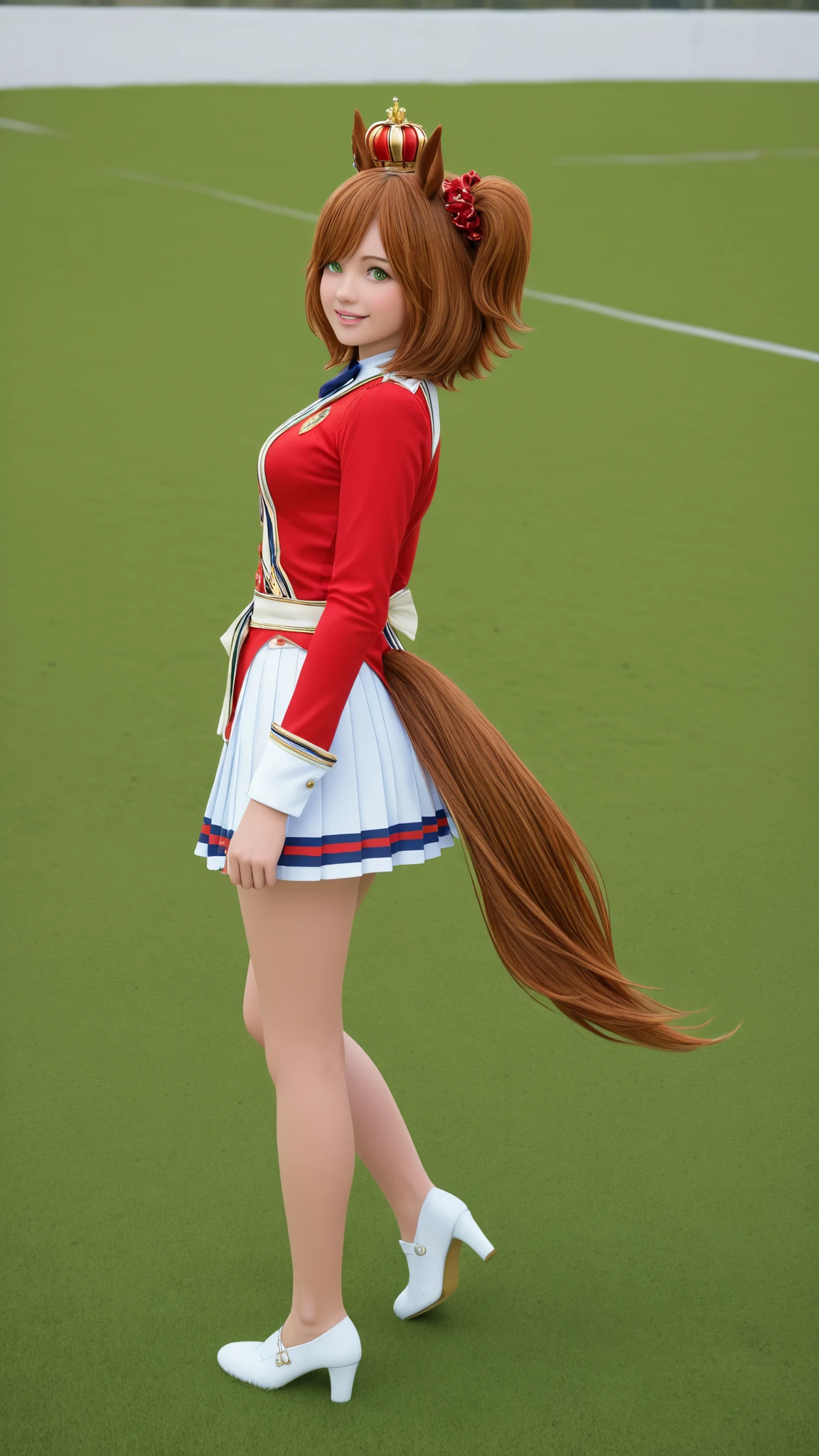 dramatic scenes , detailed skin pores , skin texture style , realistic skin , Ultra-realistic, Photorealistic, Ultra-realistic, photorealistic, dramatic scene, global illumination, 1girl, AstonMachan, green eyes, tareme, petite horse girl, horse ears, horse tail, head on mini crown, side_ponytail, lightbrown hair, medium hair, shiny hair, greenyellow eyes, hair_between_eyes, hair_ornament, medium breasts, red head_scrunchie, skindentation +++ red sleeves, parted colored shirt, long sleeves, white pleated skirt, white footwear, high heels, bow, sash, turf, race track , kind smile, extremely quality extremely detailed, illustration, cute real face