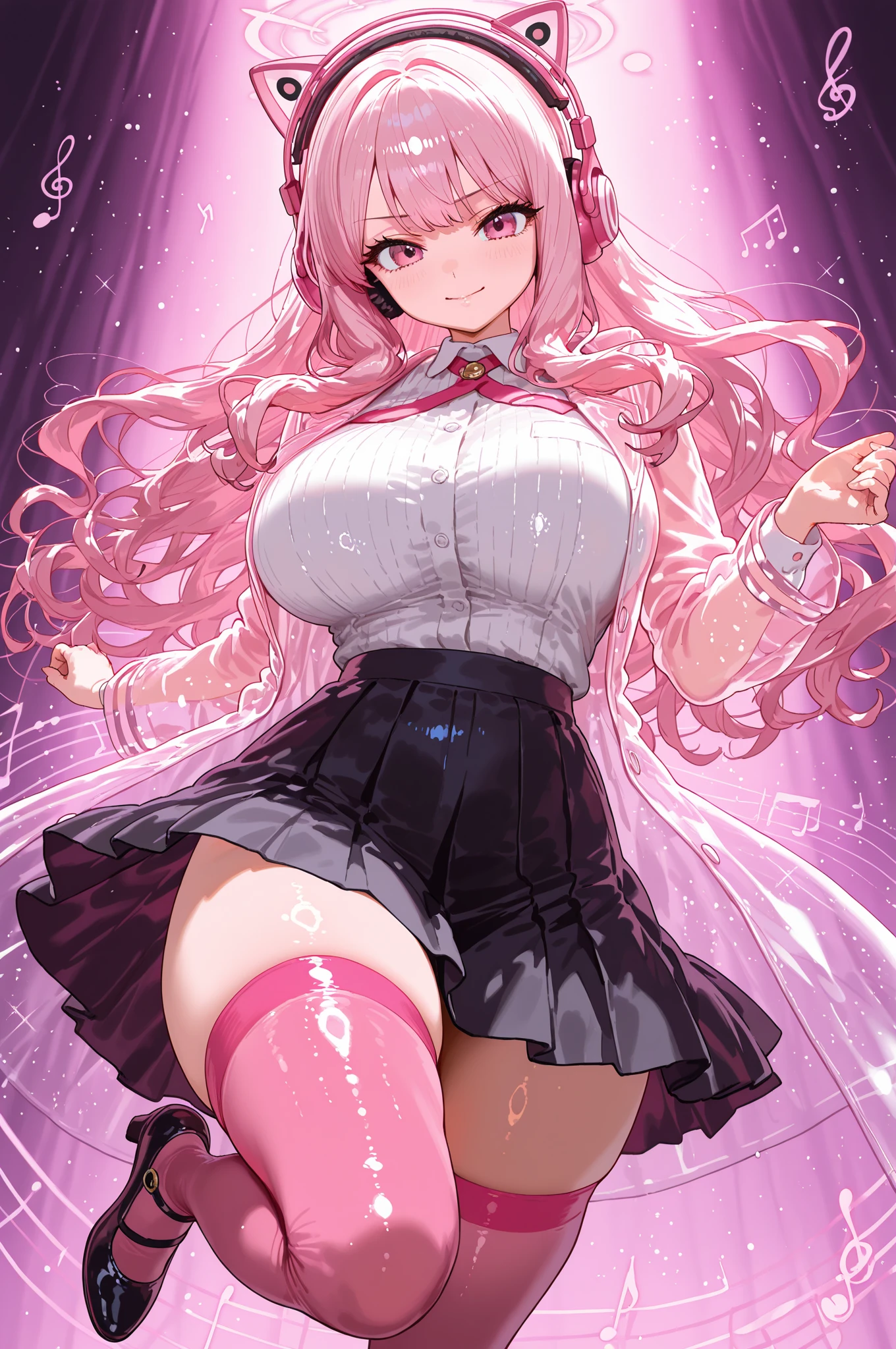A woman, blonde hair with pink tips, wavy hair, straight hair, long hair, cheeks with a rosy blush, biting her lip, wavy hair, pink eyes, heart shaped eyes, big eyes, giant breasts, massive breasts, fat lips, giant lips, pink lips, wide hips, big ass, big thighs, silk sweater, vanilla sweater, short skirt, black skirt, in a large and luxurious penthouse