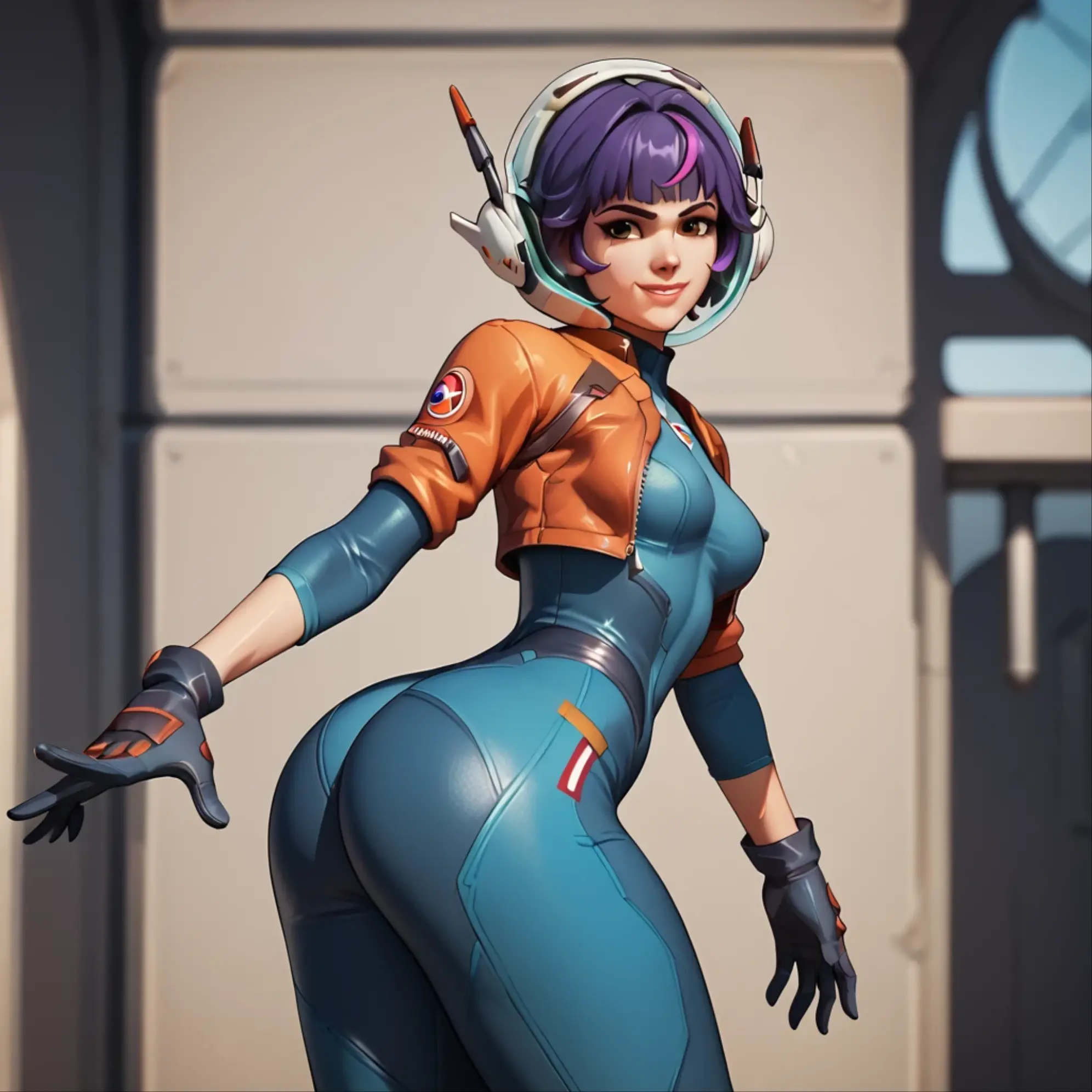 score_9_up, score_8_up, score_7_up, 1girl, solo, mature female, ((Sabin Wren)), purple short hair, pixie haircut, brown eyes, pink lips, parted lips, fit slim body, (((Sabin’s armored suit, brown belt with holster))), (((dark grey Starship room, space in the porthole, detailed furniture, highly detailed interior, blue led backlight))), perfect model body, seductive pose, showing her ass and pussy, from behind, close ass look