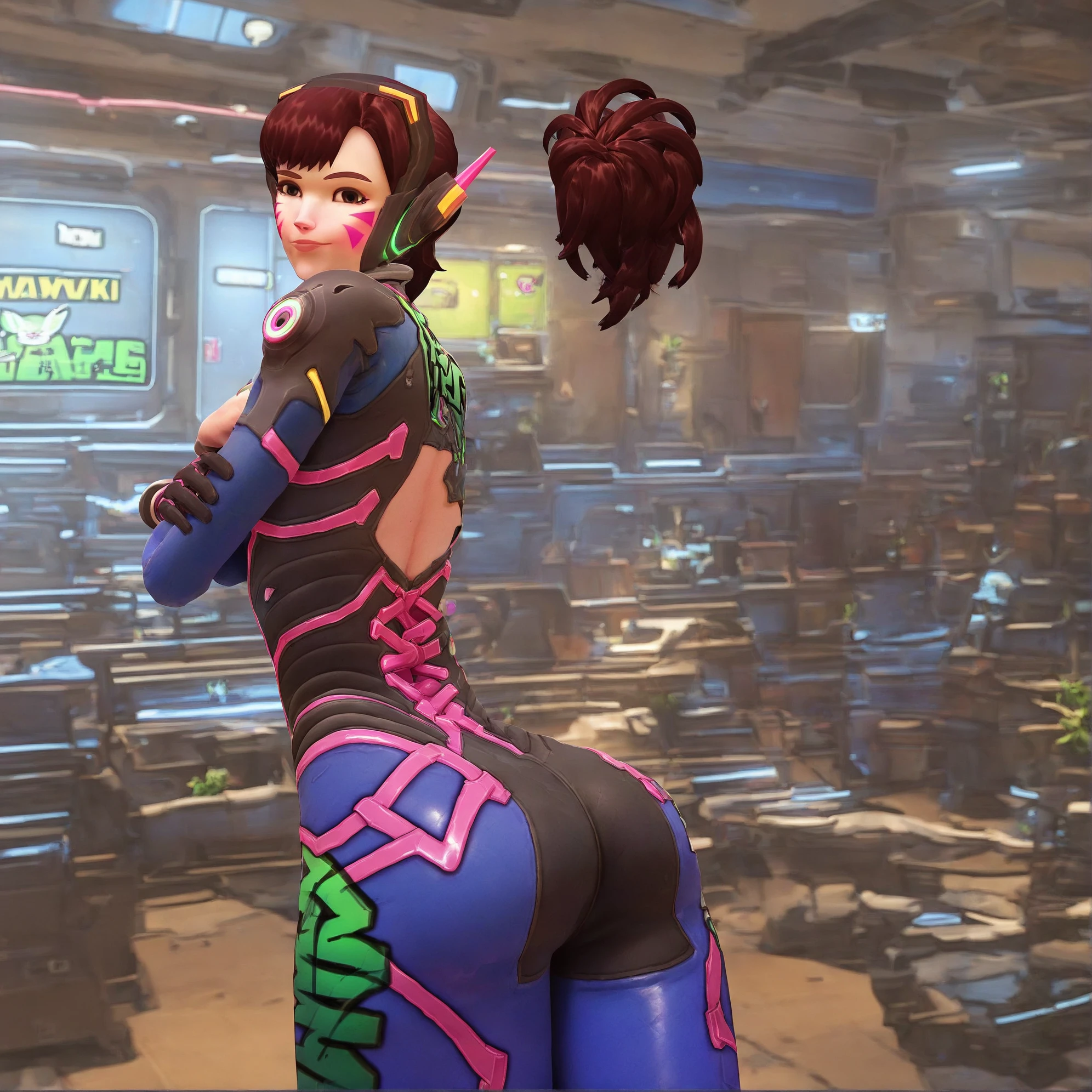 sombra, purple hair, purple eyes, mole under eye,
elbow gloves, slutty microbikini, nsfw light smile, small breasts, thicc_ass
bending over, looking at viewer, back view
night, city, indoors,
(insanely detailed, beautiful detailed face, beautiful detailed eyes, masterpiece, best quality),solo,
cyberpunk,