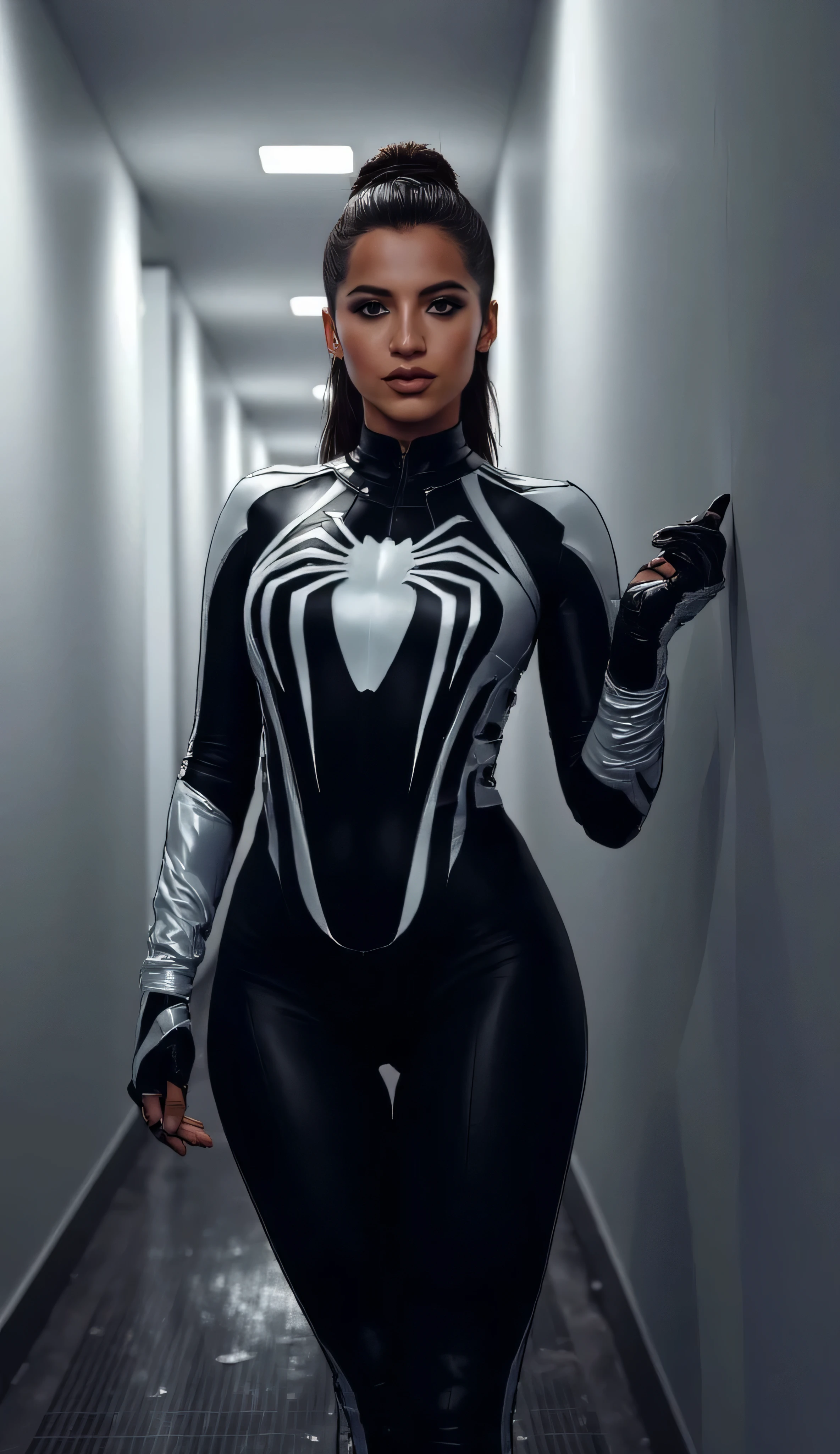 Isabela Merced as Spider-Girl, Anya Corazon, Marvel universe, stunning young woman, long brown hair tied in a high ponytail, wearing a sleek glossy black-and-white superhero bodysuit, large stylized white spider emblem across her chest and torso, suit is skin-tight and futuristic, smooth highlights, reflective surfaces, sharp design lines along the arms and legs, standing, narrow modern corridor, leaning with one hand against the wall, power, confidence, elegance, gta 6 style, cinematic lighting, sharp details, smooth textures, dramatic and striking atmosphere