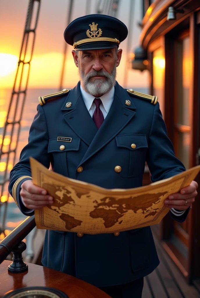 photo focus on male focus, indoors, realistic scenery, (captain nemo:1.1), reading a map of Antarctica , Antarctica, loaded military uniform, steampunk nautilus-style. very wide shot, character photo portrait, film, professional, highly detailed, 