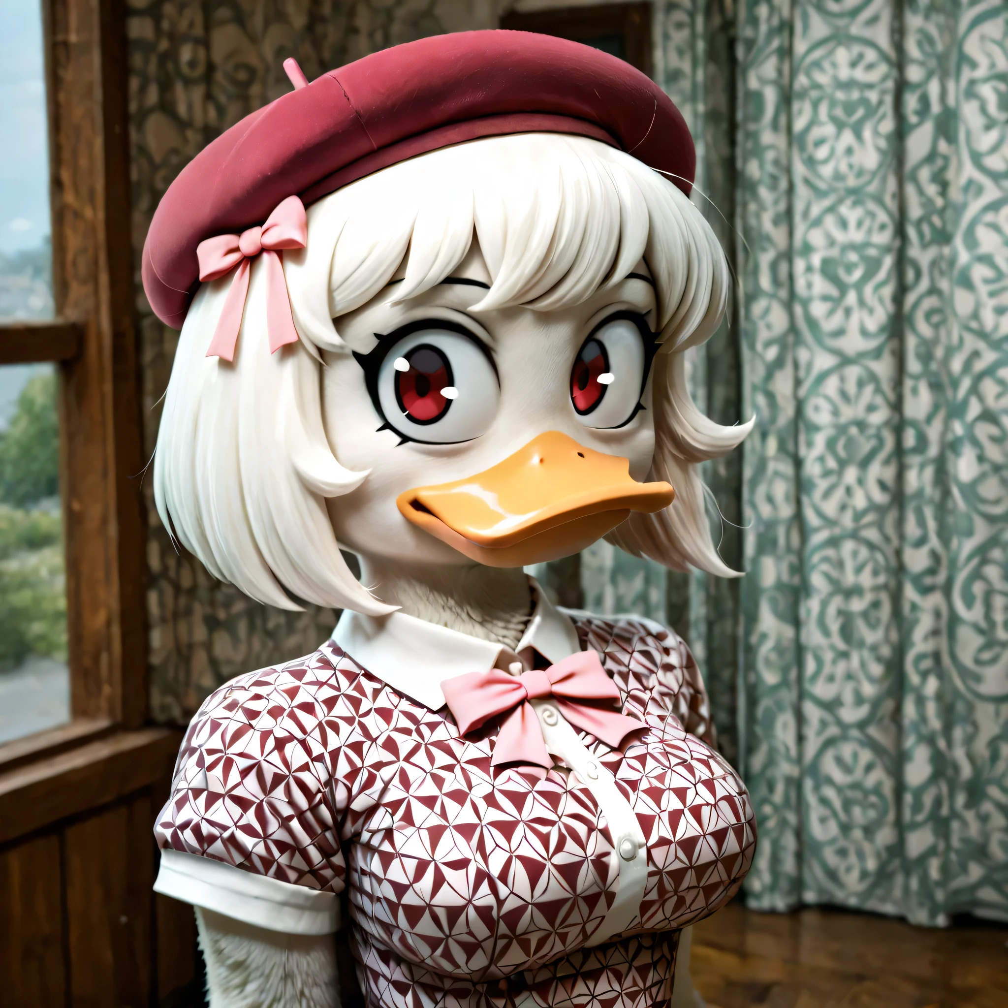 ((por_desenho de drock));((Webby_Vanderquack));((zoanthropomorphic duck)); ((uma garota)); With white hair channel, small pink ribbon on the top of the head, wearing school pattern uniform, medium breasts, rosto redondo, small beak and pink beret