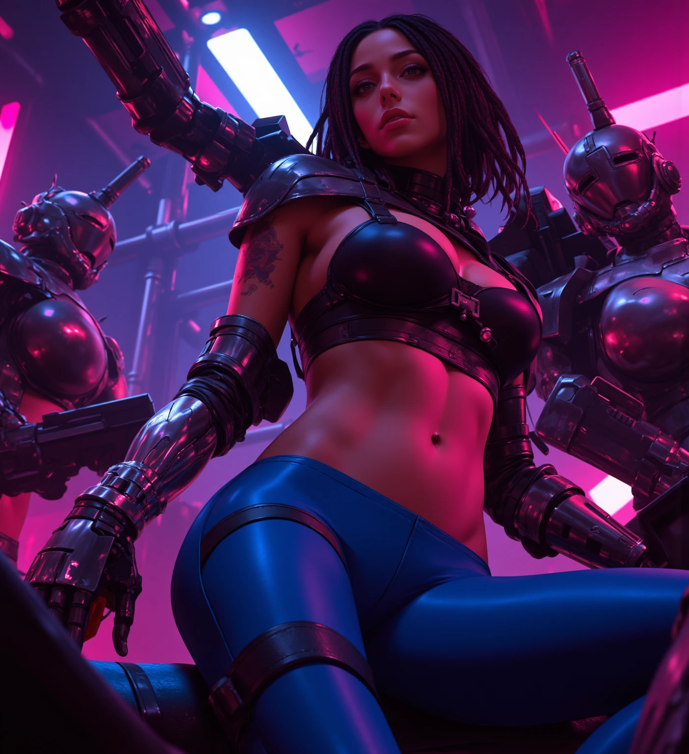 sexy woman Rihanna in cyberpunk style, armor, night, soft lighting, dynamic angle, realistic lighting, smiling, would be, movie scene background, photo by Brooke DiDonato, (natural skin texture, hyperrealism, soft light, sharp: 1.2), (complex details: 1.12), hdr masterpiece, best quality, (highly detailed photo: 1.1), 8k, photorealistic, (SFW),