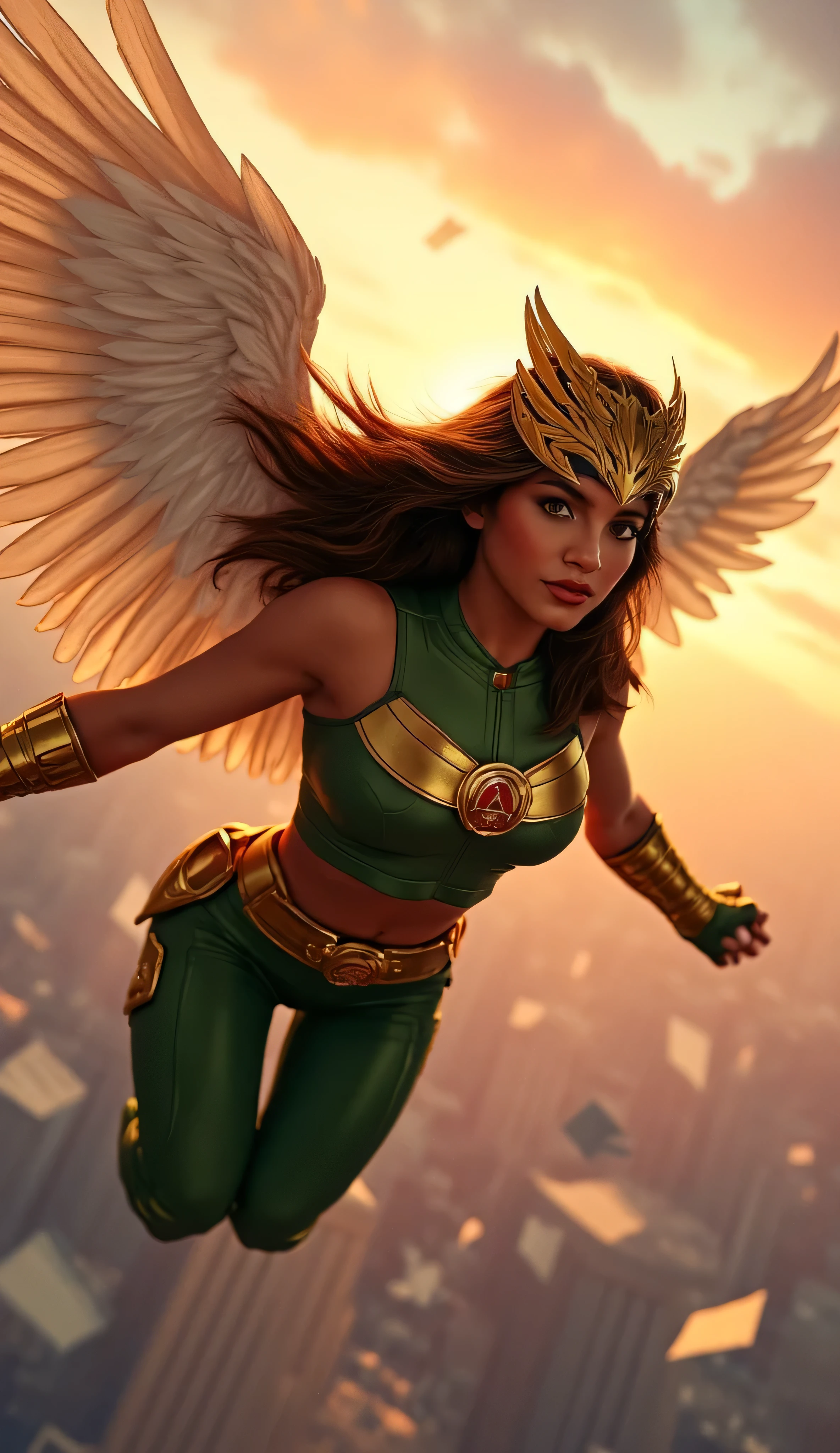 Isabela Merced as Hawkgirl, DC universe, powerful superheroine, flying, above a modern city skyline, at sunset, long brown hair, muscular feminine physique, wears a golden hawk-shaped helmet with a black visor, large majestic white-feathered wings spread wide behind, soars through the sky, green and gold armored outfit, cropped top, bracers, utility belt with a red emblem at the center, dynamic and heroic scene, papers fluttering in the air, warm sunlight casting dramatic highlights across body and wings, highly detailed, digital illustration, sharp linework, vibrant colors, epic and cinematic atmosphere