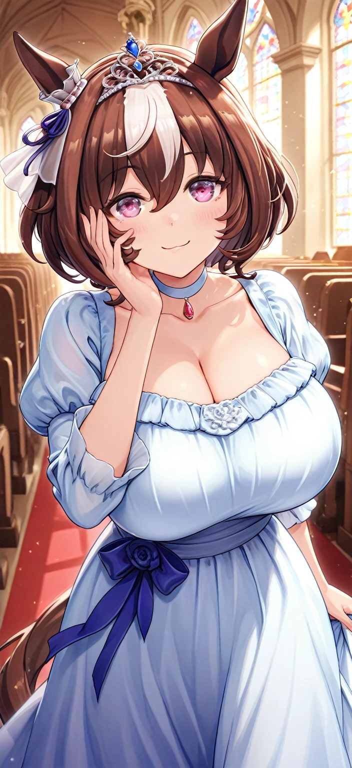 Anime illustration、Fantasy、highest quality、wedding style、Wedding dress、Perfect proportions、overwhelmingly big breasts、Beautiful, shining eyes、Blushed、smile、Cowboy Shot
