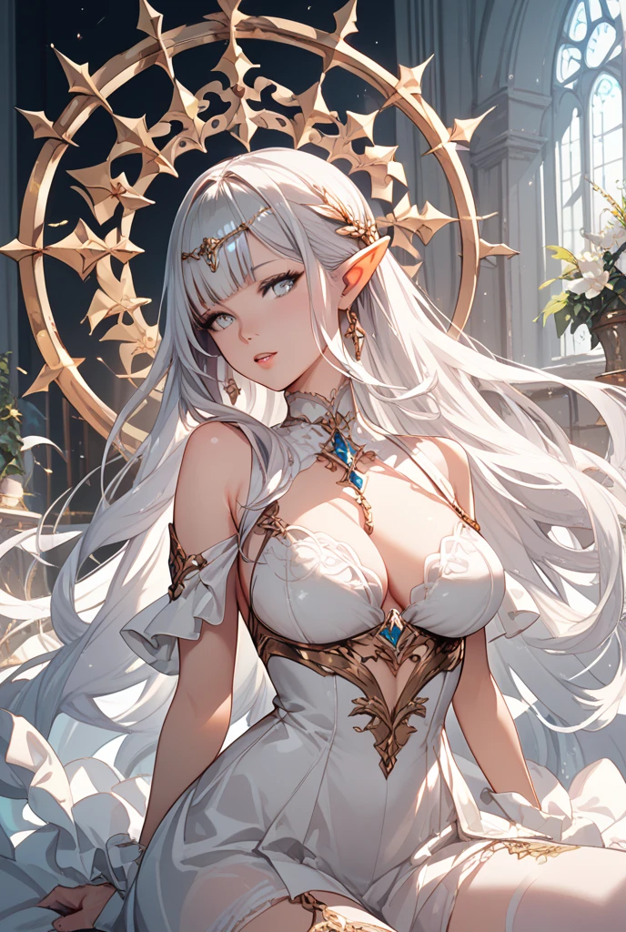 1girl, anime, cute girl, elf, blank background, white background, fantasy, detailed dark fantasy dress with highlights, beautiful face, beautiful eyes, dark colors, medium breasts, slight cleavage, beautiful skin, cute, silver hair, red eyes, breast curtains, extremely delicate and beautiful, (beautiful detailed face:1.0), (detailed deep eyes), symmetrical breasts, deep eyes, shiny skin, portrait, slender waist, hips wider than shoulders, thighs, young girl