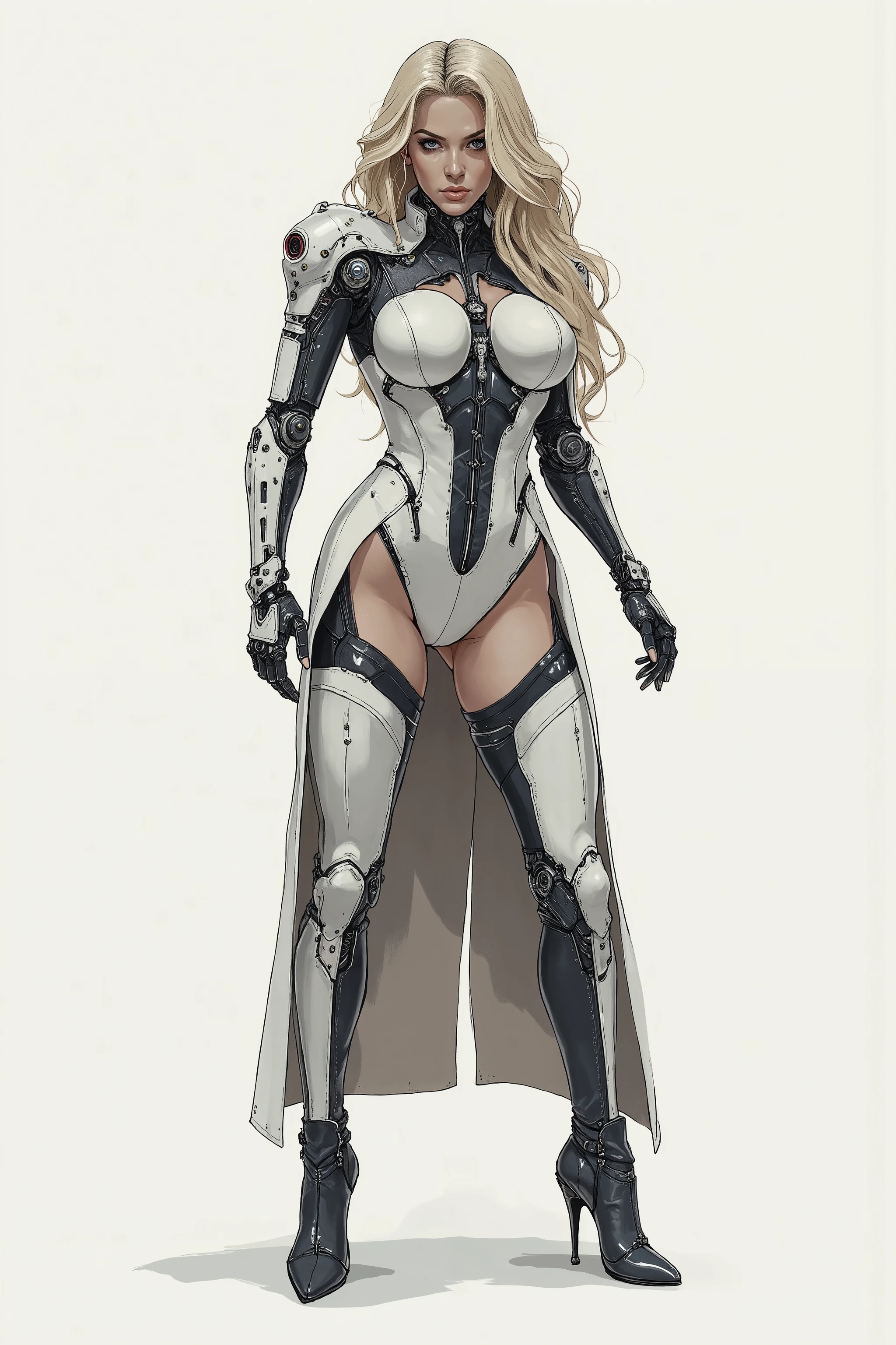 Pamela Anderson, robot hybrid, long blonde hair, leotard, duster, boots, standing, blank background