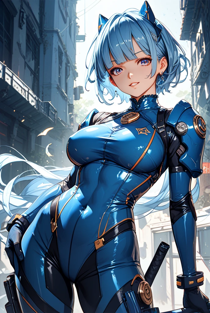 FULL HD FOTO REALISMO CINEMATIC GRAFICOS ULTRA REAISMO NOVA GERAÇÃO Athena + vegeta teen sexy  girl dbz with diamnte blue oversized clothing decote merging as a mechanic with robotic parts interspersed within his human form, dynamic pose wrench in hand, workshop background cluttered with machinery, oil stains, dimly lit with flickering fluorescent lights, high contrast shadows, vivid colors, intricate detailing of mechanical components, digital painting., Mysterious