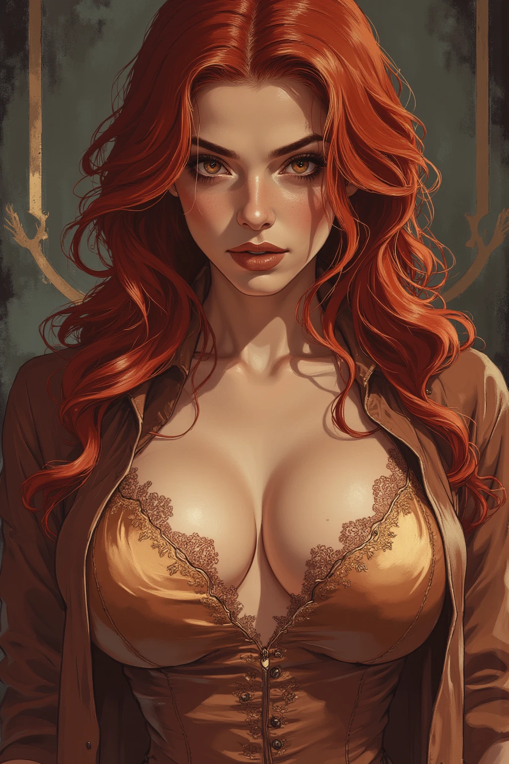 a woman with long crimson hair, intricate Green corset, beautiful detailed eyes, beautiful detailed lips, extremely detailed face, longeyelashes, elegant pose, graceful movement, breathtaking, detailed and realistic, oil painting, dramatic lighting, warm color palette, cinematic composition, masterpiece, 8k, high quality, poison ivy, freckles on breasts, freckles on face