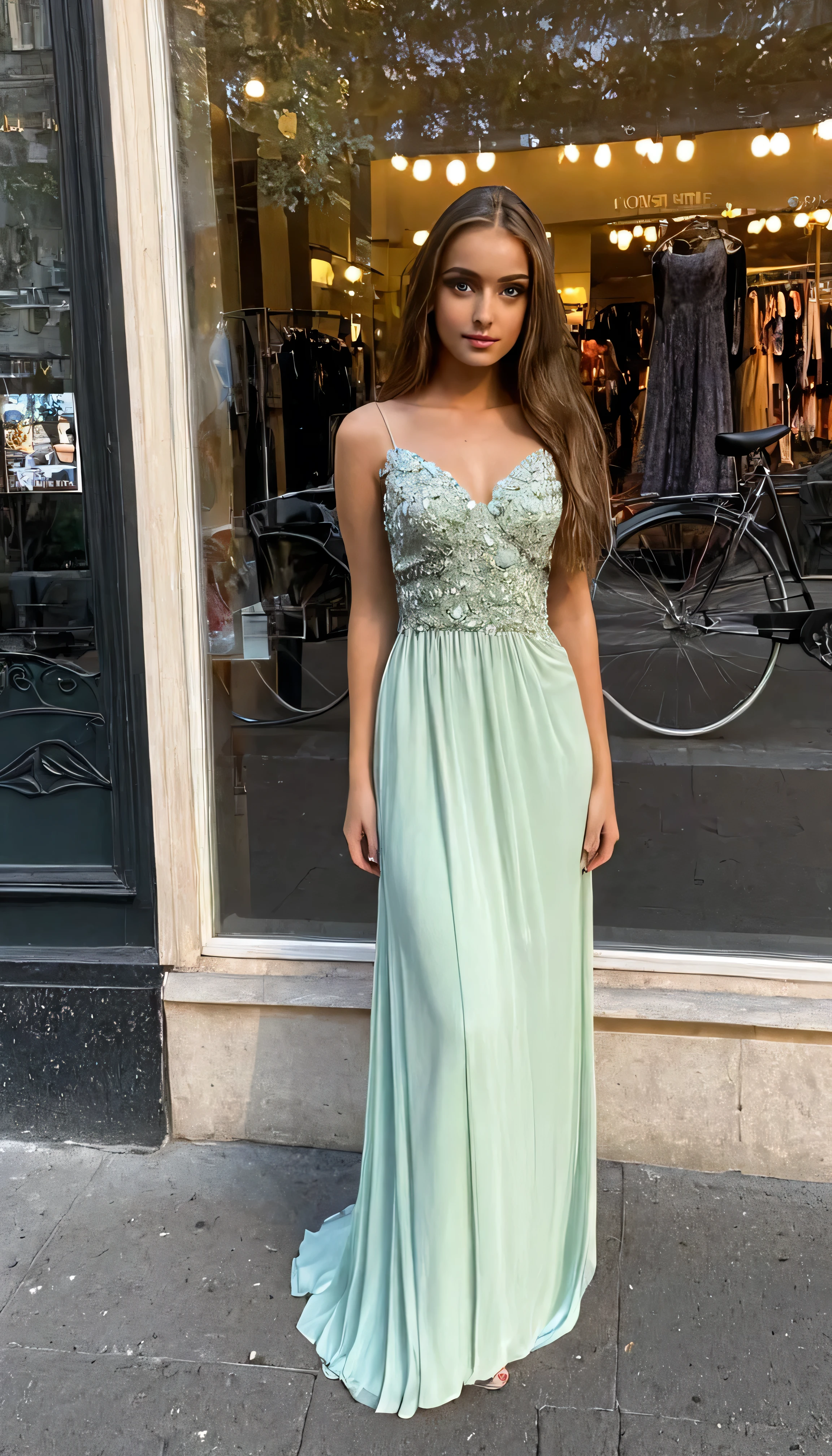 Beautiful 25 year old girl, a beautiful evening dress, beautiful eyes, stands near the dress shop window