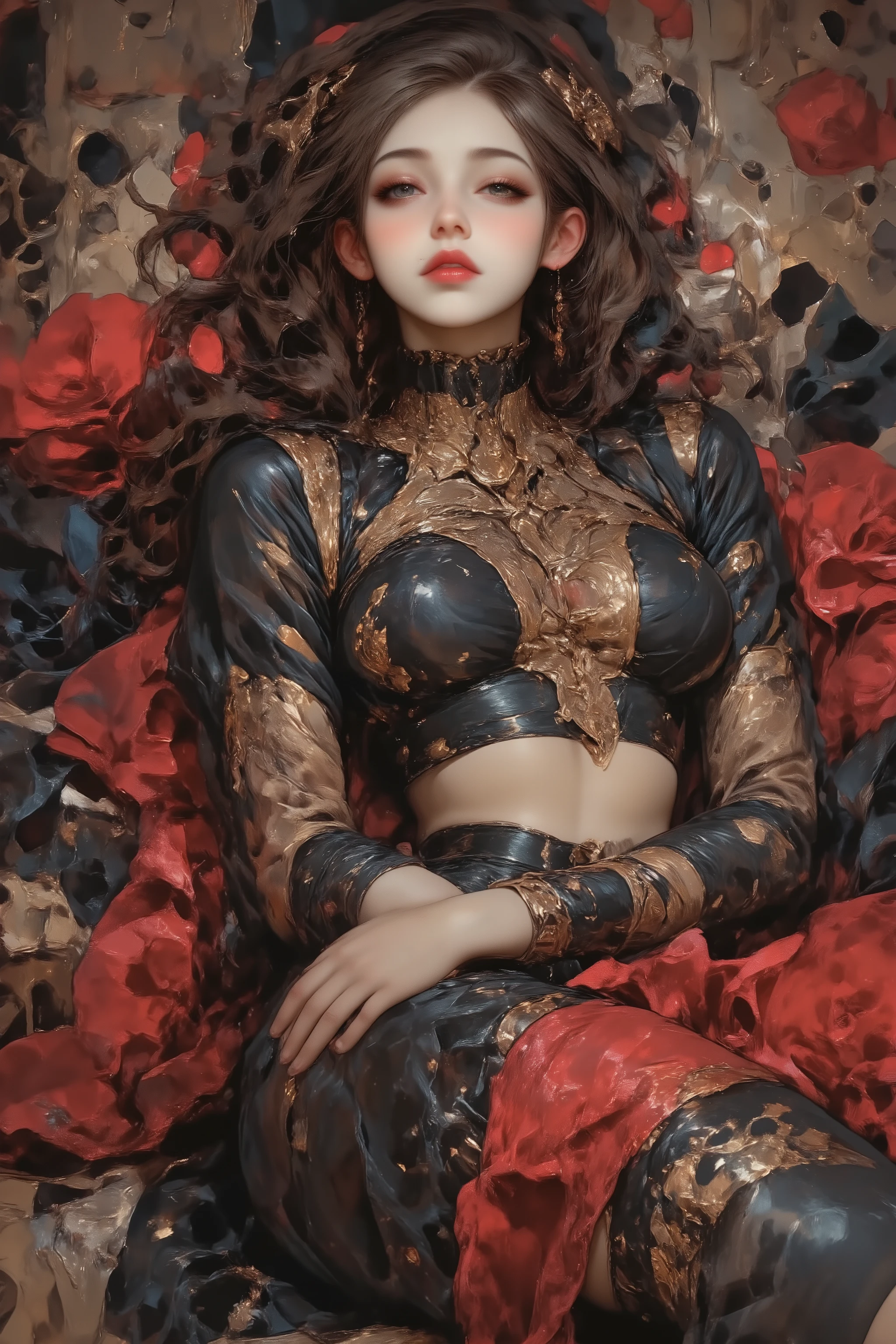 ((Bartolomé Murillo)) ((Women's Blog)), an LBDSM style digital art, in the style of dmai, dramatic portrait, fantasy, advanced contemporary artist mode, Gothic_girl, 1girl, innovative abstract floral graphic designs, queen, young woman with flowing hair, laying down, leg in foreground, mouth open, water theme, ornate dress, bride, pillar of color, perfect hands, nouveau rococo