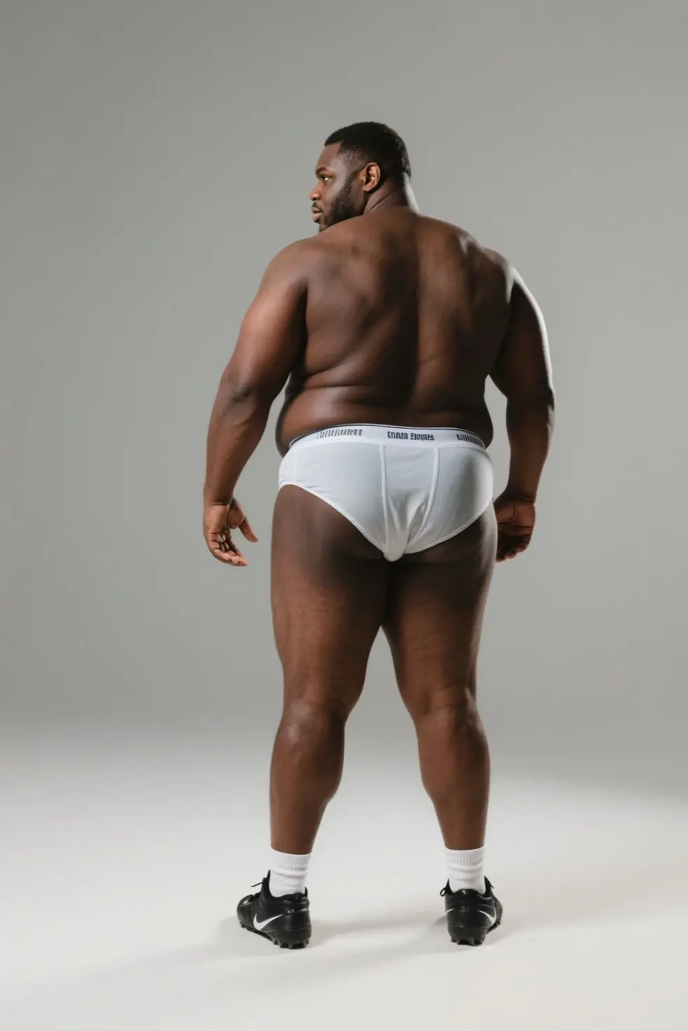 Fat black man in white underwear