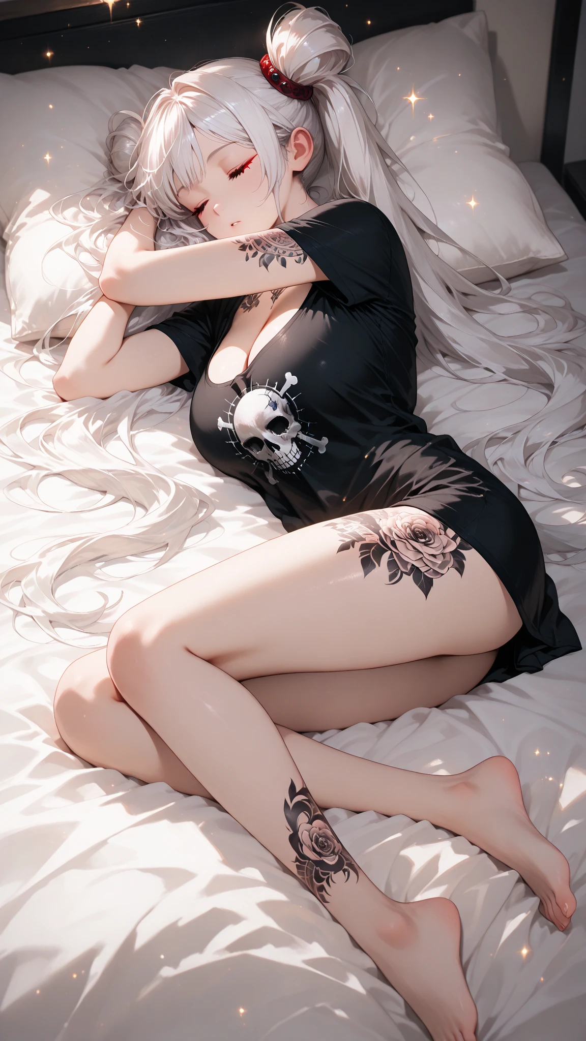 Beautiful hyperrealistic full body painting of cute asian cyberpunk female, lying on bed, shapeless cyberpunk hair, unclothed, disrobed, concept art, By Brian Froud and Carne Griffiths and Wadim Kashin, intricate detail, 8k post-production, High resolution, super Detail, trending on ArtStation, sharp focus, studio photos, intricate detail, Very detailed, By Greg Rutkowski