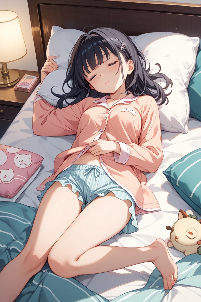 1girl, cute,(medium quality), uhd panties with cute print peeking out, in bed sleeping, sleep shirt