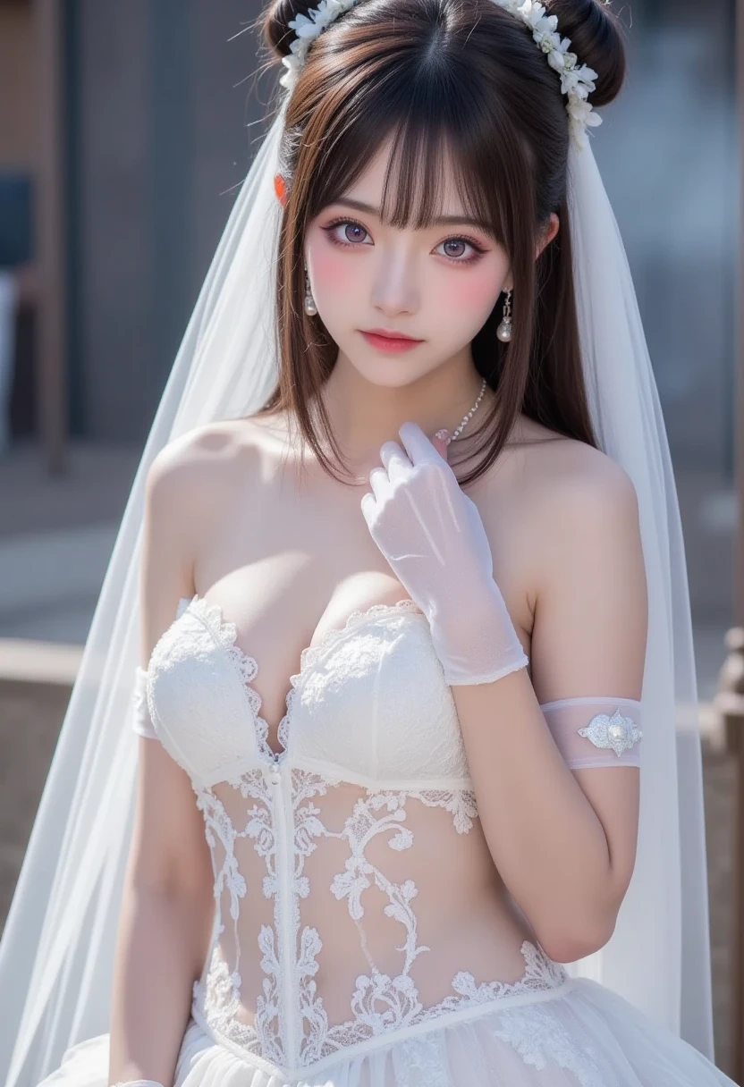 (((Pixel perfect, Perfect details))), alone, 1 girl, yuigahama yui, Close-up of beautiful bride wearing beautiful wedding dress,Gurwitz, (bridal veil:1.5),(transparent short veil:1.5),blush,eye shadow,Blushing face,Head flower,headgear,bouquet,(tube top wedding dress:1.5),(silk dress:1.2),(Strapless:1.5),pure white dress,necklace,(earrings:1.2),(large breasts:1.3),Bangs,lipstick,(White long elbow gloves:1.4),whole body照,High-detail RAW color art,White long skirt,whole body,only one railway track,(standing on the railroad tracks:1.3),18 years old, (long twintails:1.5),(double bun:1.5), black hair