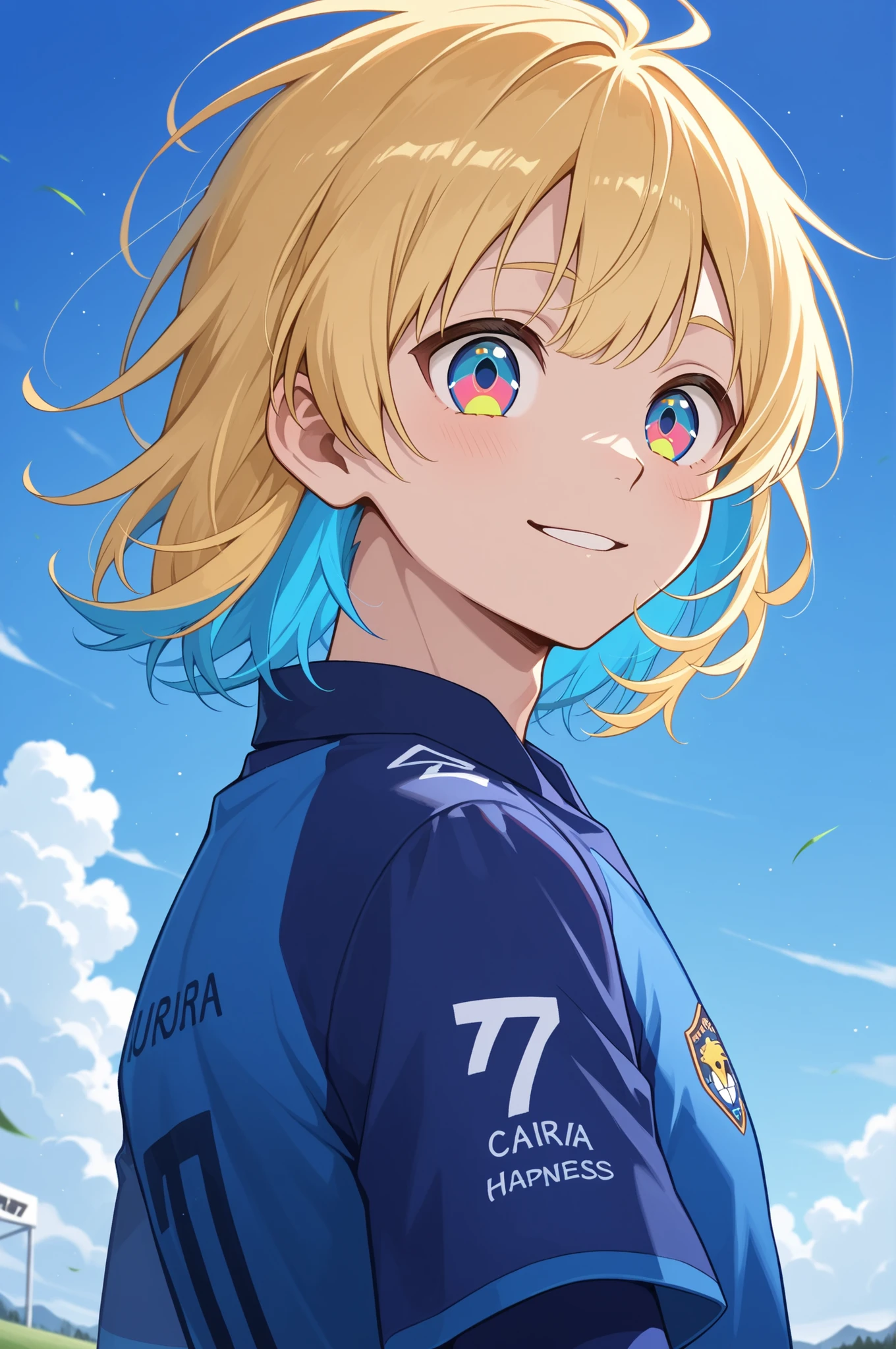 happy, anime boy, soccer uniform , blond hair ,blue highlights, multicolored eyes , Happyness aura , blue sky camp , shirt number 7
