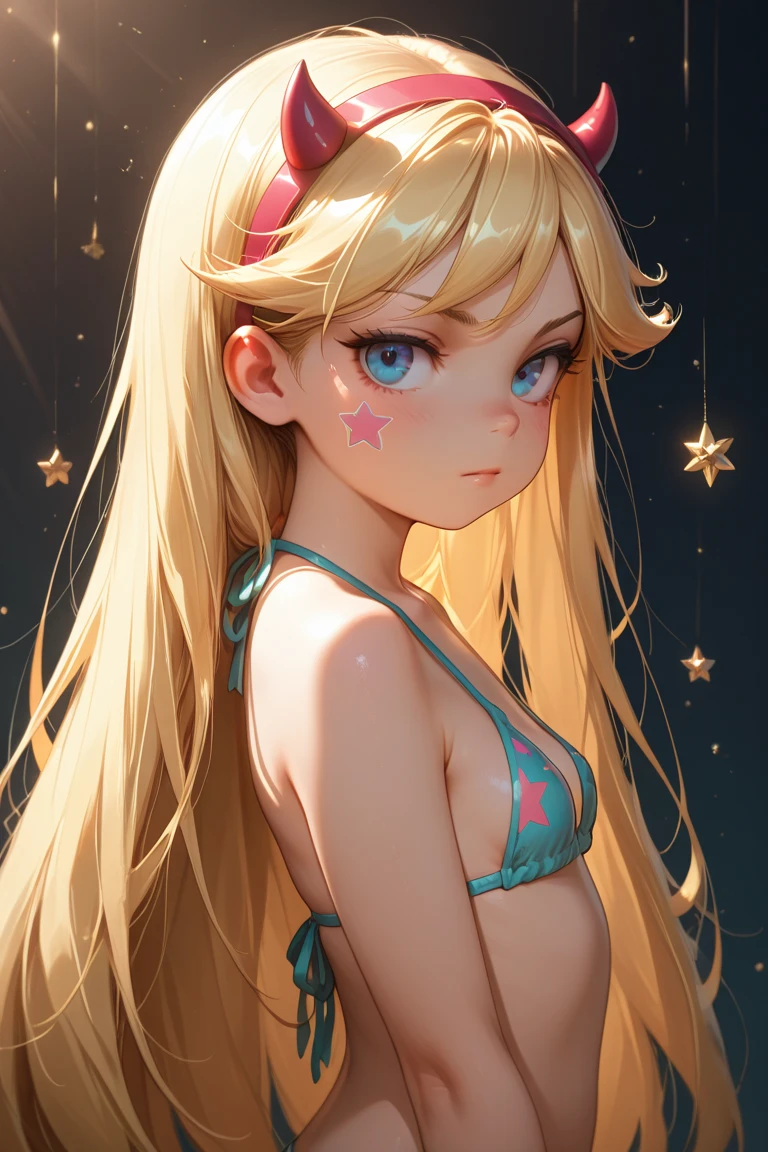 masterpiece,best quality,1girl,blonde hair, micro bikini,blue eyes,crown,hair over one eye,star (symbol),star earrings,