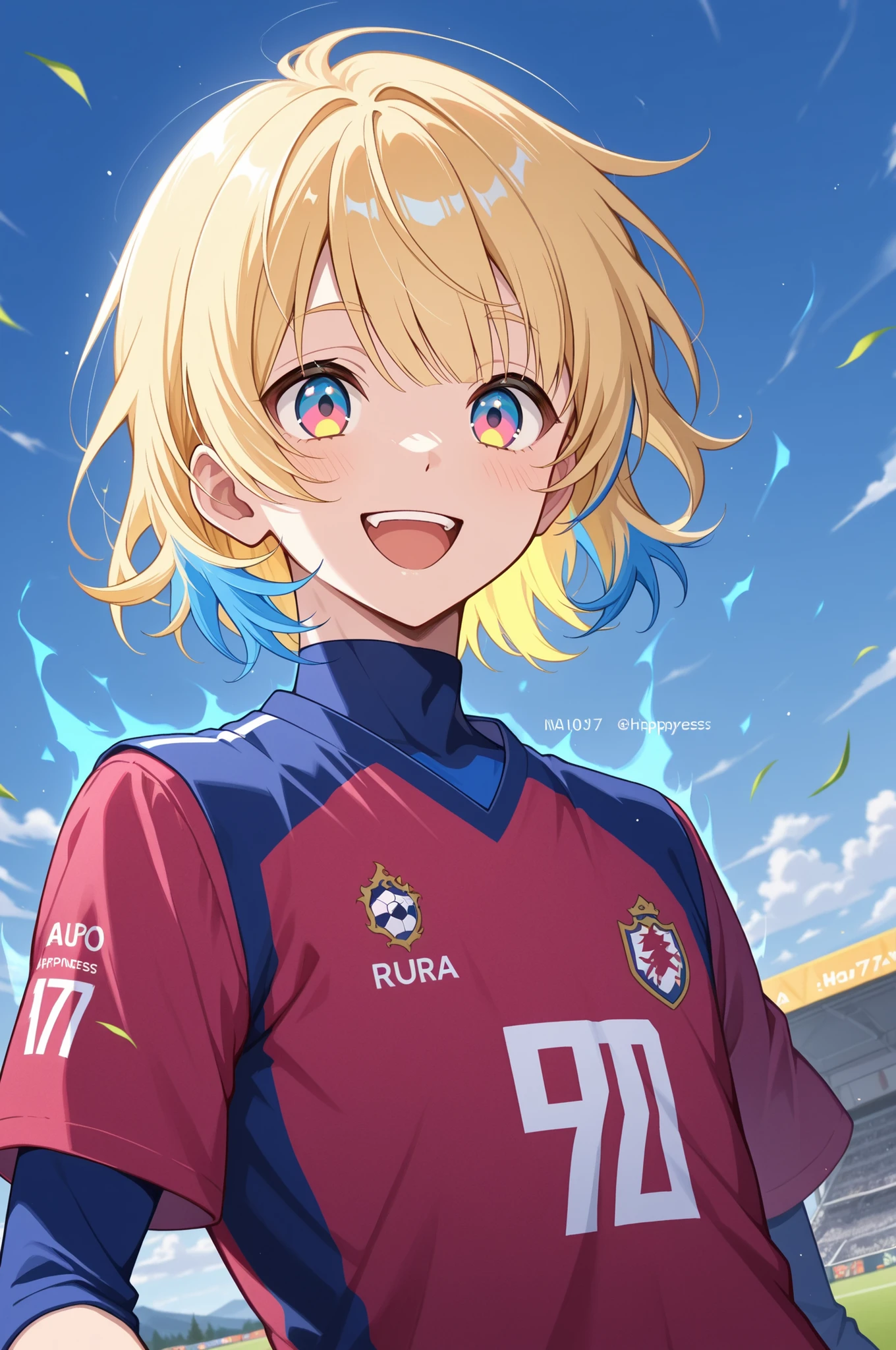 happy, anime boy, soccer uniform , blond hair ,blue highlights, multicolored eyes , Happyness aura , blue sky camp , shirt number 7