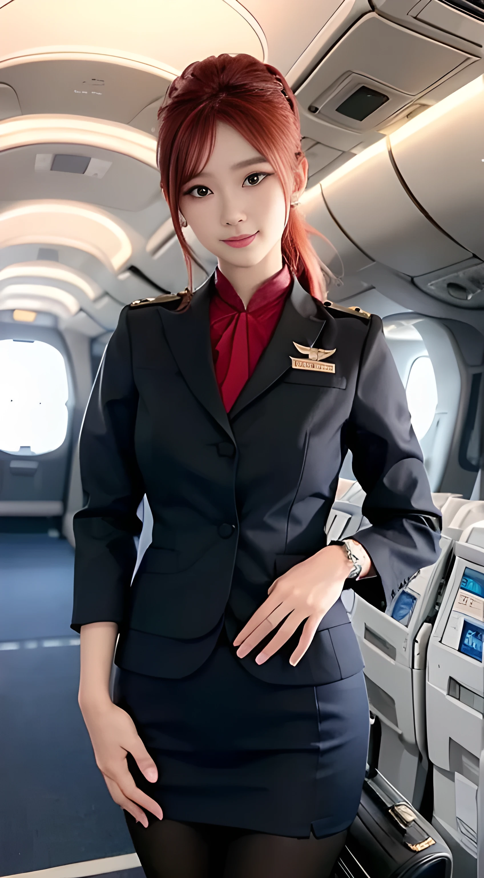 (masterpiece), Highest Quality, Highest Quality,  Detailed and complex, original,high resolution,(16 years old),very detailed_eye, sexy,chest,(Eyeliner:0.5),(blush:0.5),  redhead,simple diamond earrings,Fine skin,  ponytail, Viewer, Smile, nail, ((Flight Attendant Black Uniforms )), (black pantyhose:1.1), Black High Heels,  black short skirt uniform , Carrying a suitcase , At the airport(depth of border written on it:1.1),:0.1,realistic:1.3,(周辺光:1),(Film composition:1.3), (Highest Quality, high resolution, realistic, original, 8k,masterpiece, ),Highest Quality, masterpiece8k.HDR. High Rib:1.2, film grain, Blurry Bokeh:1.2, lens flare, (bright color:1.2), (delicate),シャツのボタンが外れてchestの谷間が見える、