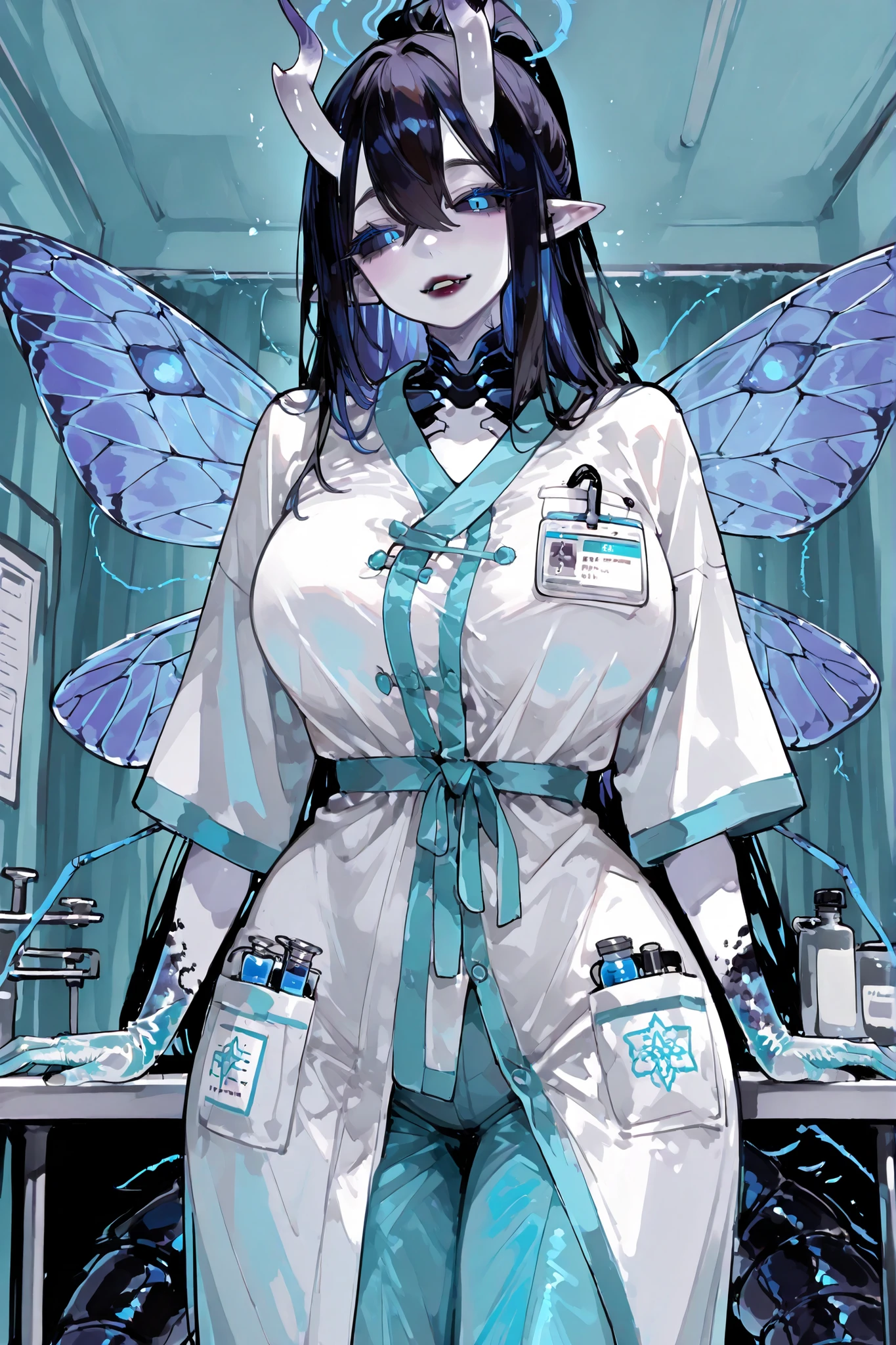 The monster woman is demon-centipede hybrid. She has mature bodybuilding: she is tall, has big breasts, a narrow waist ,wide hips, PALE WHITE SKIN. she has a long black centipede tail with harpoon-like sting. She has pointy-ears. She has extra pair of limbs in the form of black mantis paws. She has dragonfly wings. she has two long jagged horns on her head. she has pitch black hair with indigo blue highlight, slanting bangs and long tall ponytail rubber band. She has expressive glowing blue eyes,black sclera, black eye shadow with long lashes. She has red lipstick on her plump lips , she smiles mysteriously. She is dressed in a doctor's costume: white medical robe in oriental style, medical blouse, turquoise capri pants, medical silicone gloves. In the background : is a medical office of demonic hospital, in the room standing an anatomical model of a person, surgical instruments are on the tables.