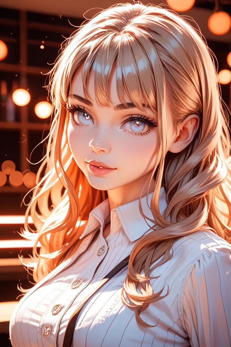 (8k, RAW Photos, highest quality, masterpiece:1.2), (Realistic, photo-Realistic:1.37), Very detailed, Ultra-high resolution,1 girl,Show Viewer,Beautifully detailed face,smile,narrow,(Slim waist:1.3),shirt, Beautiful and detailed skin, Skin Texture, Floating Hair,Professional Lighting,
