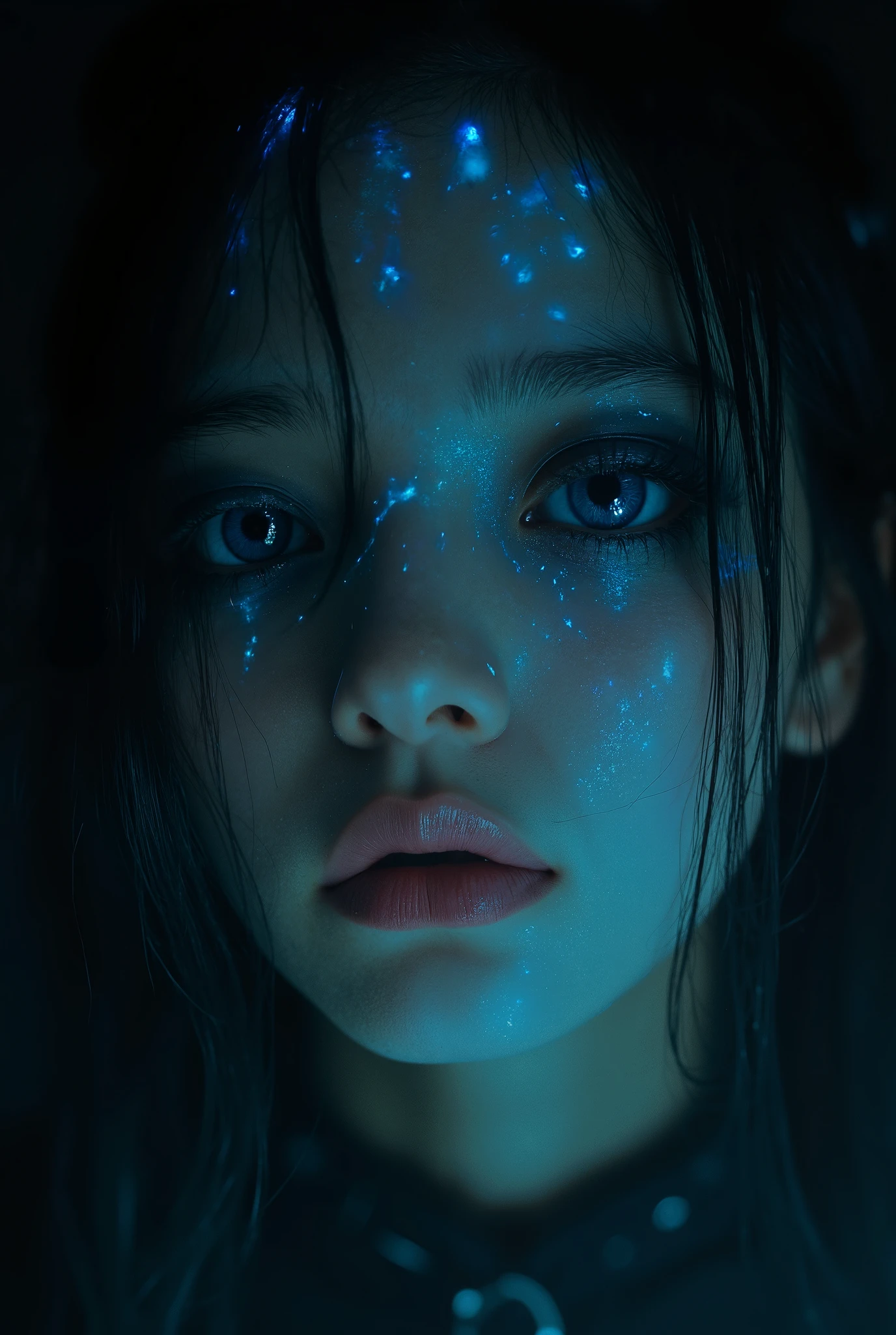 HDR, 8K, high contrast, masterpiece, best quality, amazing quality, very aesthetic, realistic, newest, volumetric lighting, ultra detailed, face focus, portrait, 1girl, solo, goth girl, blue eyes, glowing, olive coloured skin, black hair, long hair, blue eye makeup, winglet style eye shadow, loose strands, eyelashes, thin lips, pink lips, closed mouth, goth girl, goth makeup, looking at viewer, emotionless, dead expression, face close up,