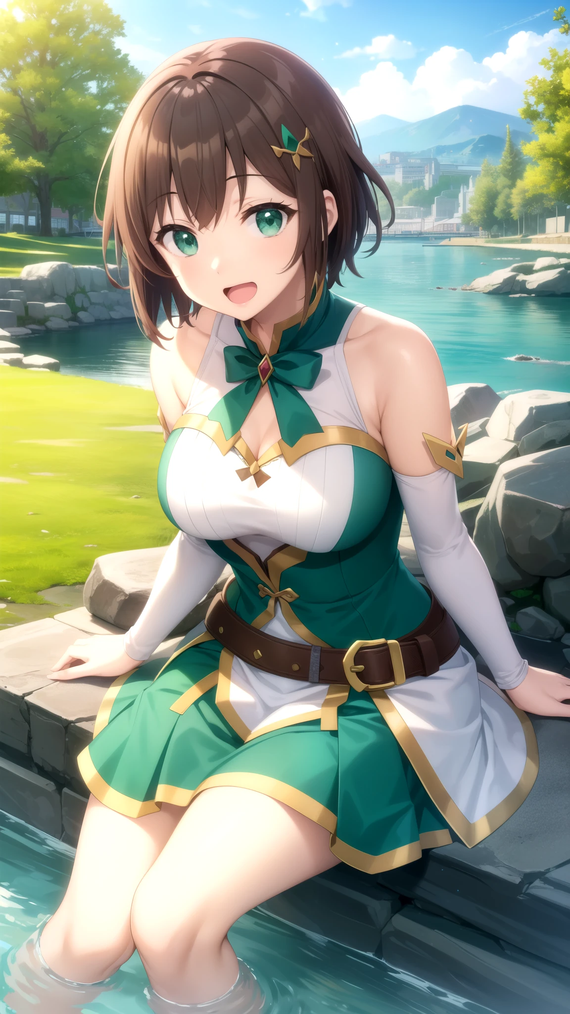 Masterpieces, Best Quality, girl, looking at viewer, kazuma satou, short hair, brown hair, green eyes, large breasts, princess connect Re:Dive cosplay, princess Dress, sitting, smile, open mouth, outdoors