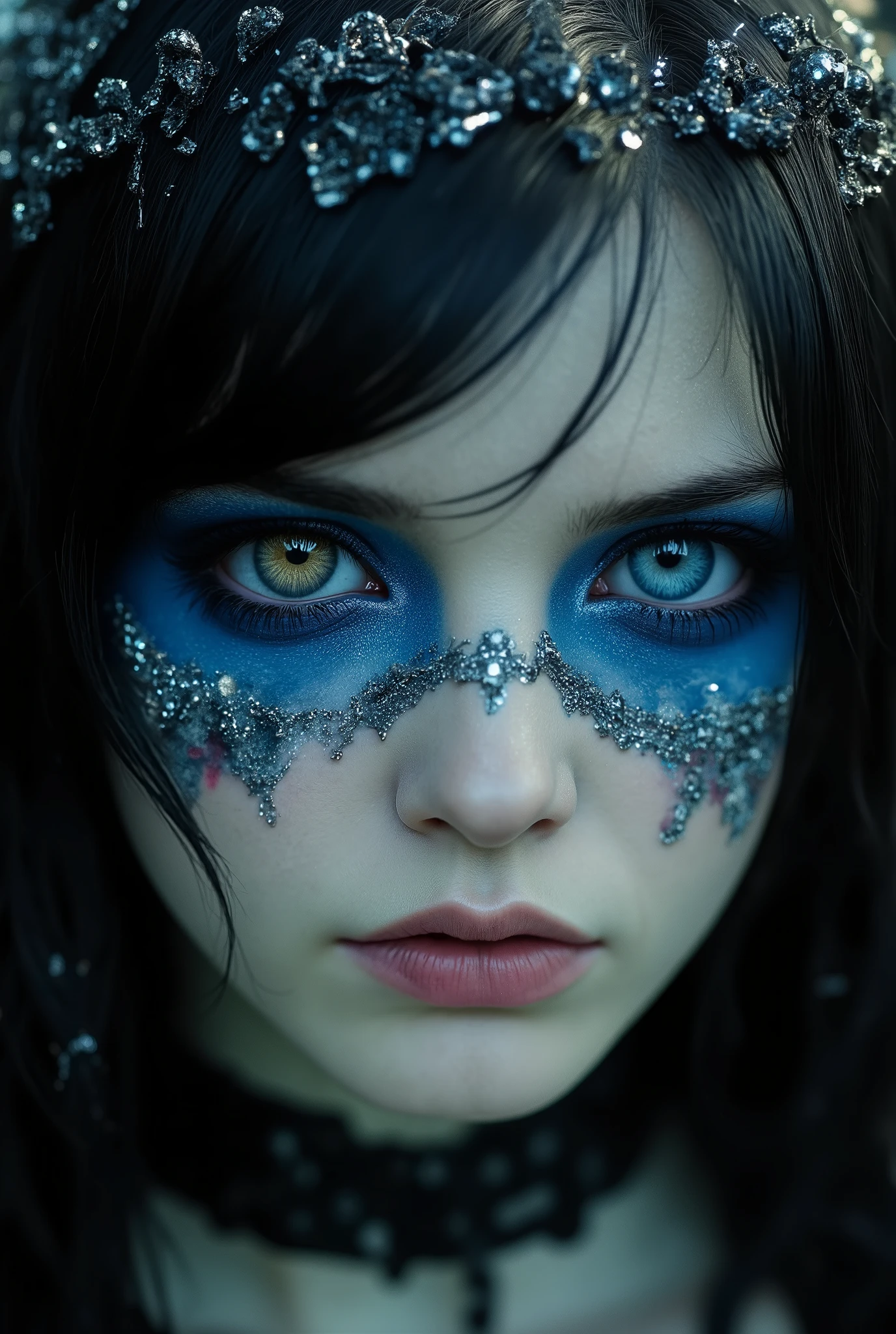 HDR, 8K, high contrast, masterpiece, best quality, amazing quality, very aesthetic, realistic, newest, volumetric lighting, ultra detailed, face focus, portrait, 1girl, solo, goth girl, blue eyes, glowing, olive coloured skin, black hair, long hair, blue eye makeup, winglet style eye shadow, loose strands, eyelashes, thin lips, pink lips, closed mouth, goth girl, goth makeup, looking at viewer, emotionless, dead expression, face close up,