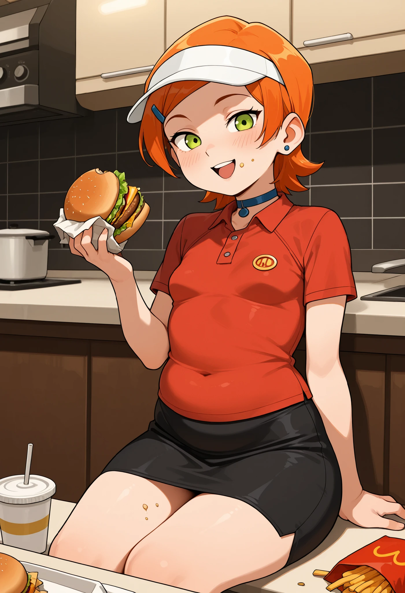 Gwen Tennyson . ginger . short hair . green eyes . small breasts, medium hips . chubby body . choker . | 4k, fine detail, high quality eyes, masterpiece, best quality, amazing quality, chubby hips, looking at viewer, smile, visor cap, red polo shirt, short sleeves, bowtie, skirt, pencil skirt, blush, holding burger, open mouth, eating burger, food crumbs on cheeks, french fries, pose, indoors, fast food, restaurant, kitchen, sitting,