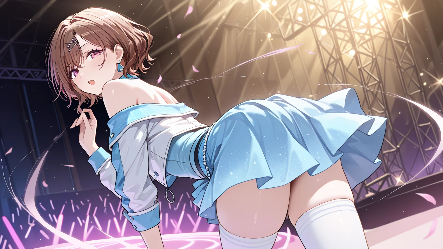 (((Pixel perfect, perfect detail))), (((Underskirt angle view, panties visible,))), Solo, Solo girl, Honoka Kosaka, (μ's costume: 1.0), (Idol costume: 1.0), Viewer's point of view, Smiling, μ's, Love Live! Stage, Singing, (Tuck skirt 1.3), (Detailed panties 1.3), (Very white panties: 1.3), (Pants with ribbon and decoration), (Panties with ruffles gathered on the back: 1.3), (Full back panties: 1.3), (Low angle), Blue eyes, Orange hair, One side up hair, Short hair, (Spread legs: 1.0)