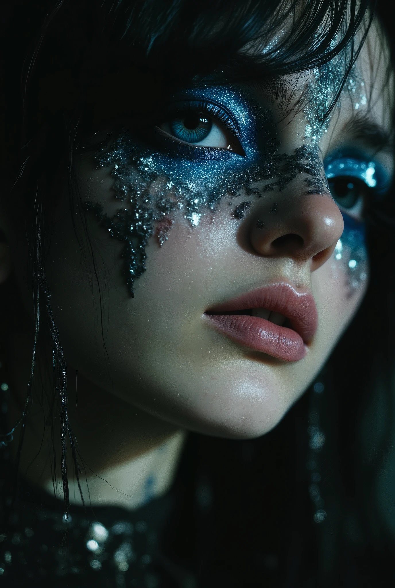 HDR, 8K, high contrast, masterpiece, best quality, amazing quality, very aesthetic, realistic, newest, volumetric lighting, ultra detailed, face focus, portrait, 1girl, solo, goth girl, blue eyes, glowing, olive coloured skin, black hair, long hair, blue eye makeup, winglet style eye shadow, loose strands, eyelashes, thin lips, pink lips, closed mouth, goth girl, goth makeup, looking at viewer, emotionless, dead expression, face close up,