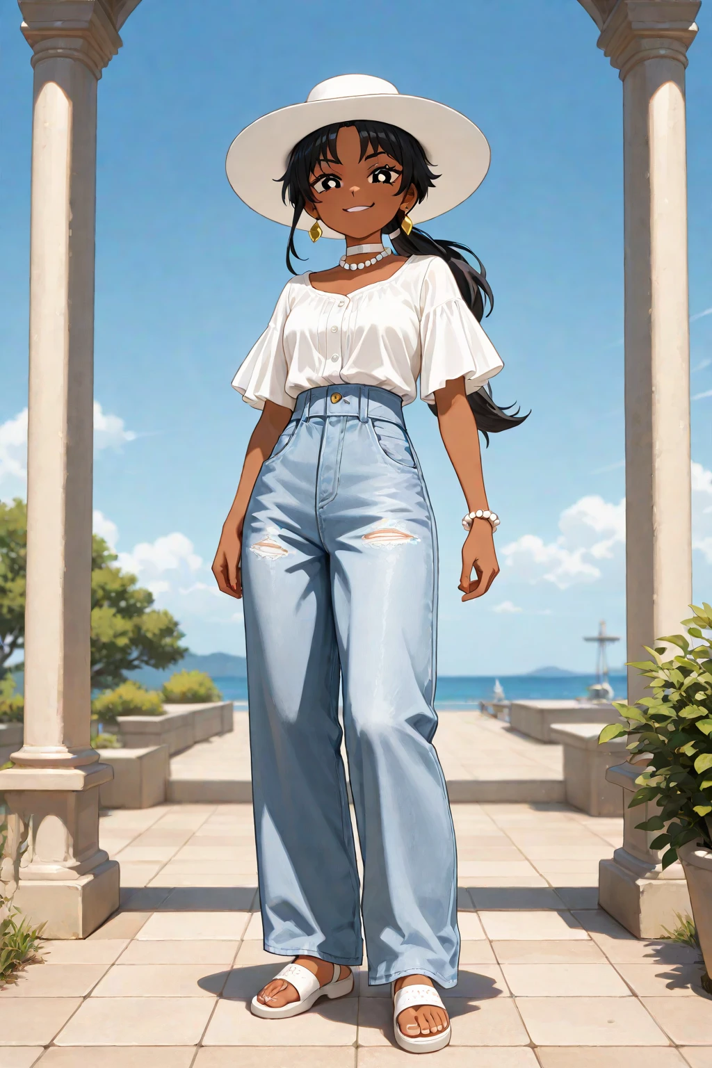 Anime girl with brown skin, around 19 years old, with a fit and tall body, she has yellow eyes and straight brown hair down to her shoulders, she is wearing casual autumn clothes in blue, being in civilian clothes, she It is visible in full body, as if it were posing for a photo.